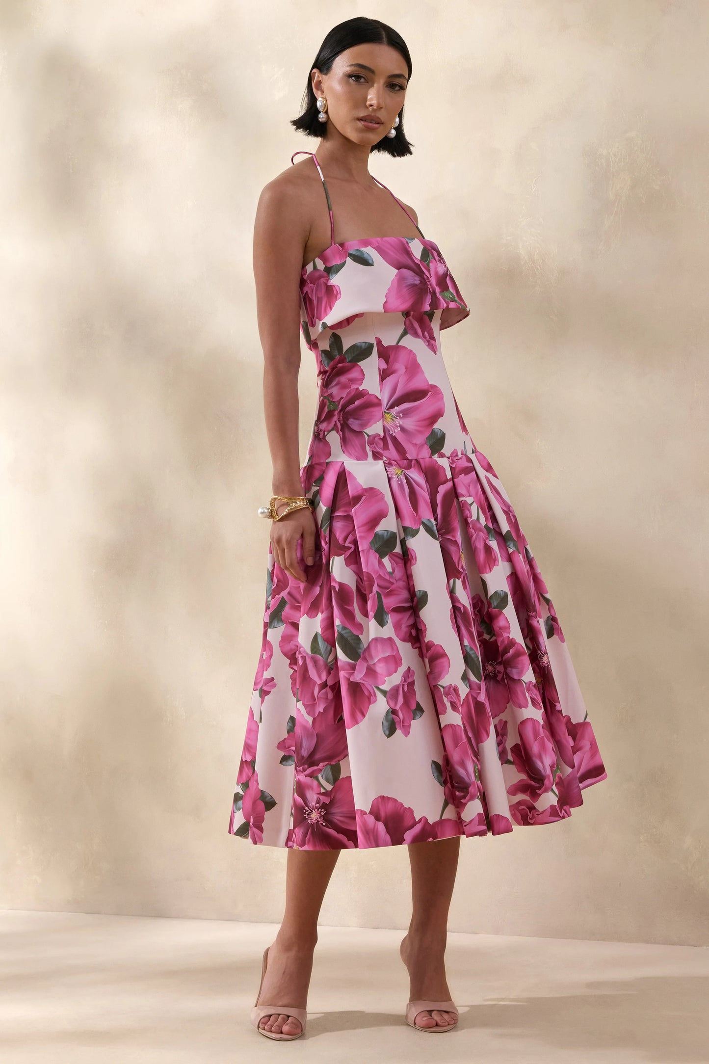 Sylina Pink Hibiscus Floral Print Square-Neck Midi Dress With Drop Waist