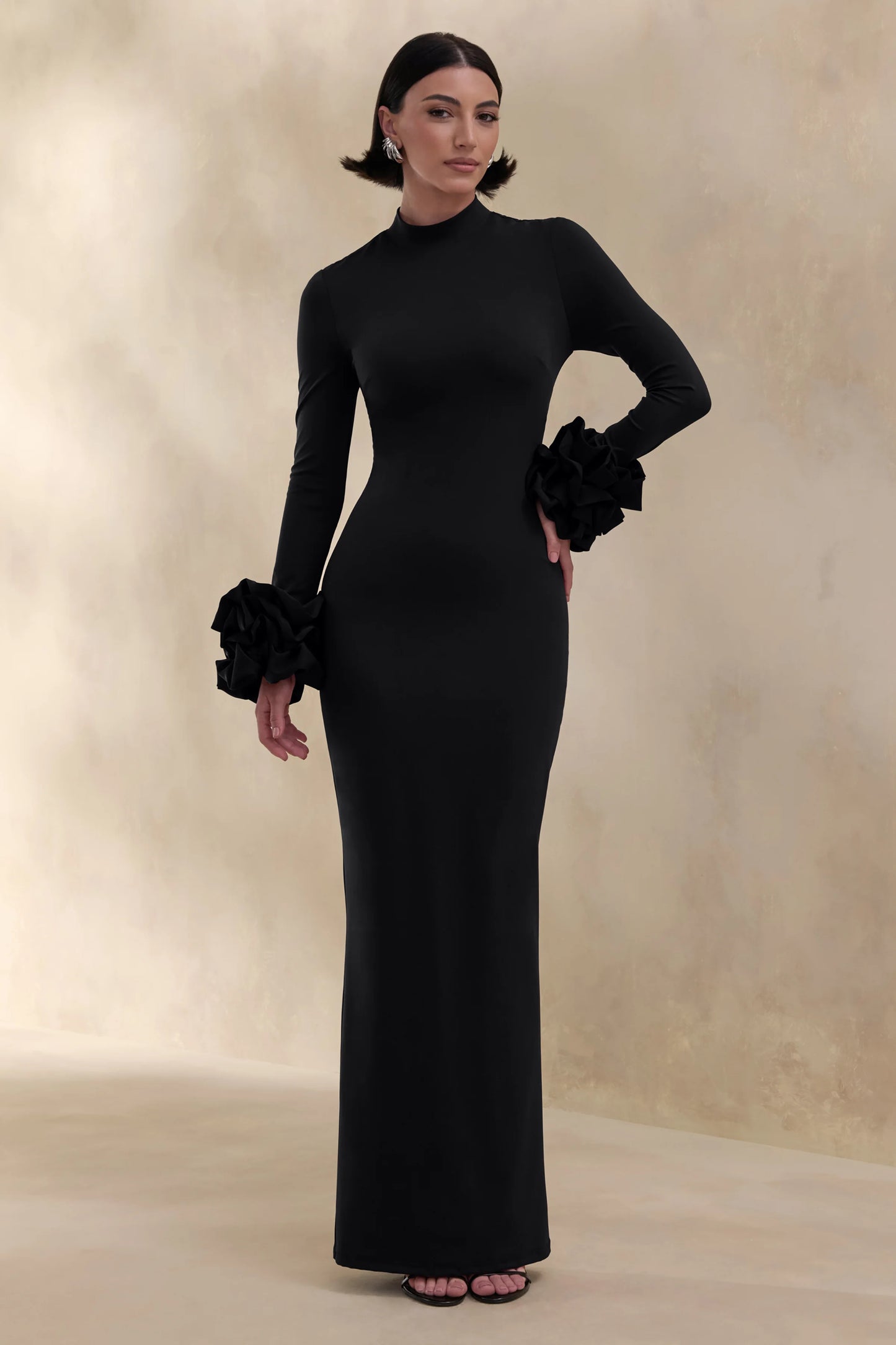 Jaselle Black High-Neck Maxi Dress With Ruffled Satin-Cuffs