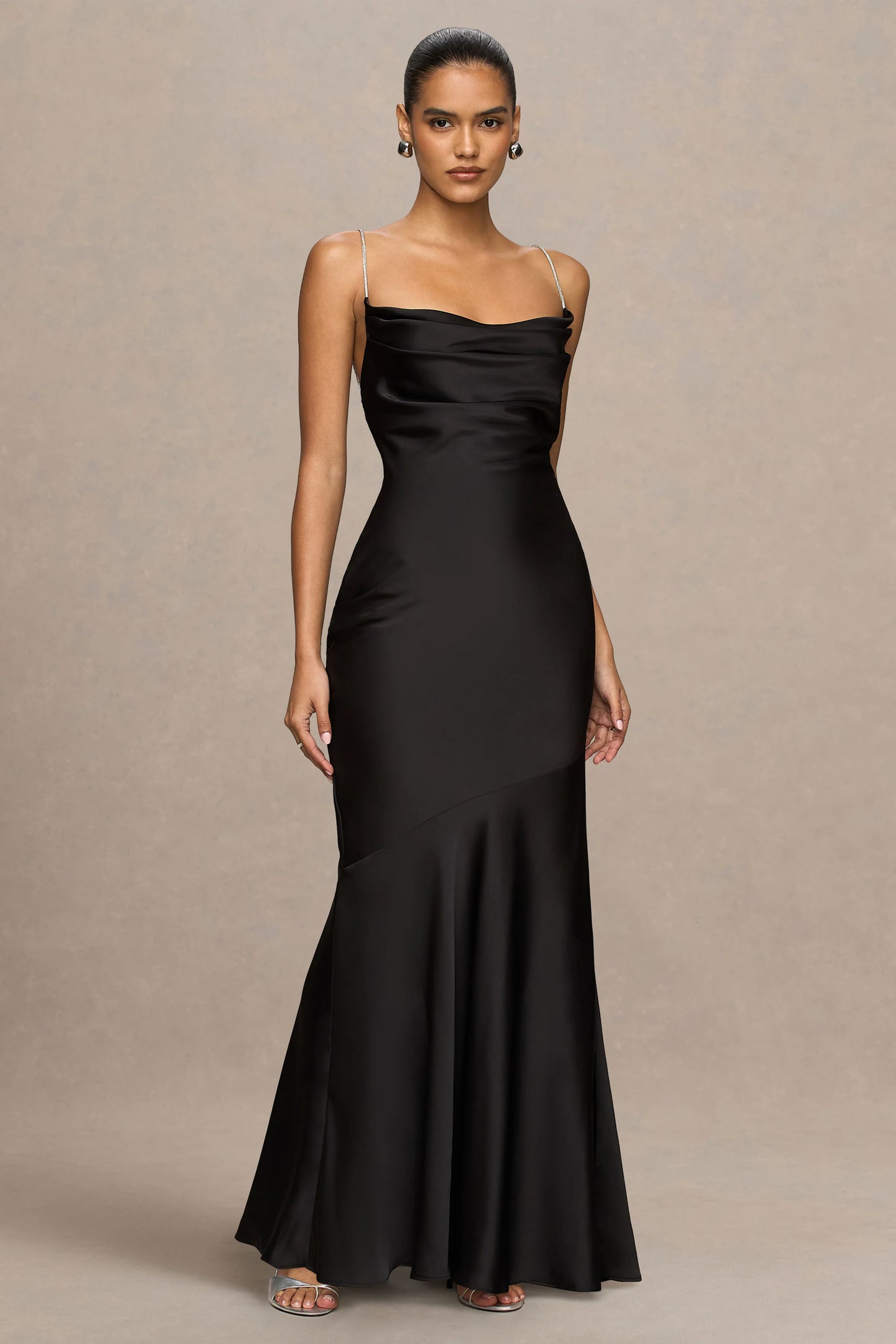 Maelia Black Satin Cowl-Neck Maxi Dress With Diamante Straps