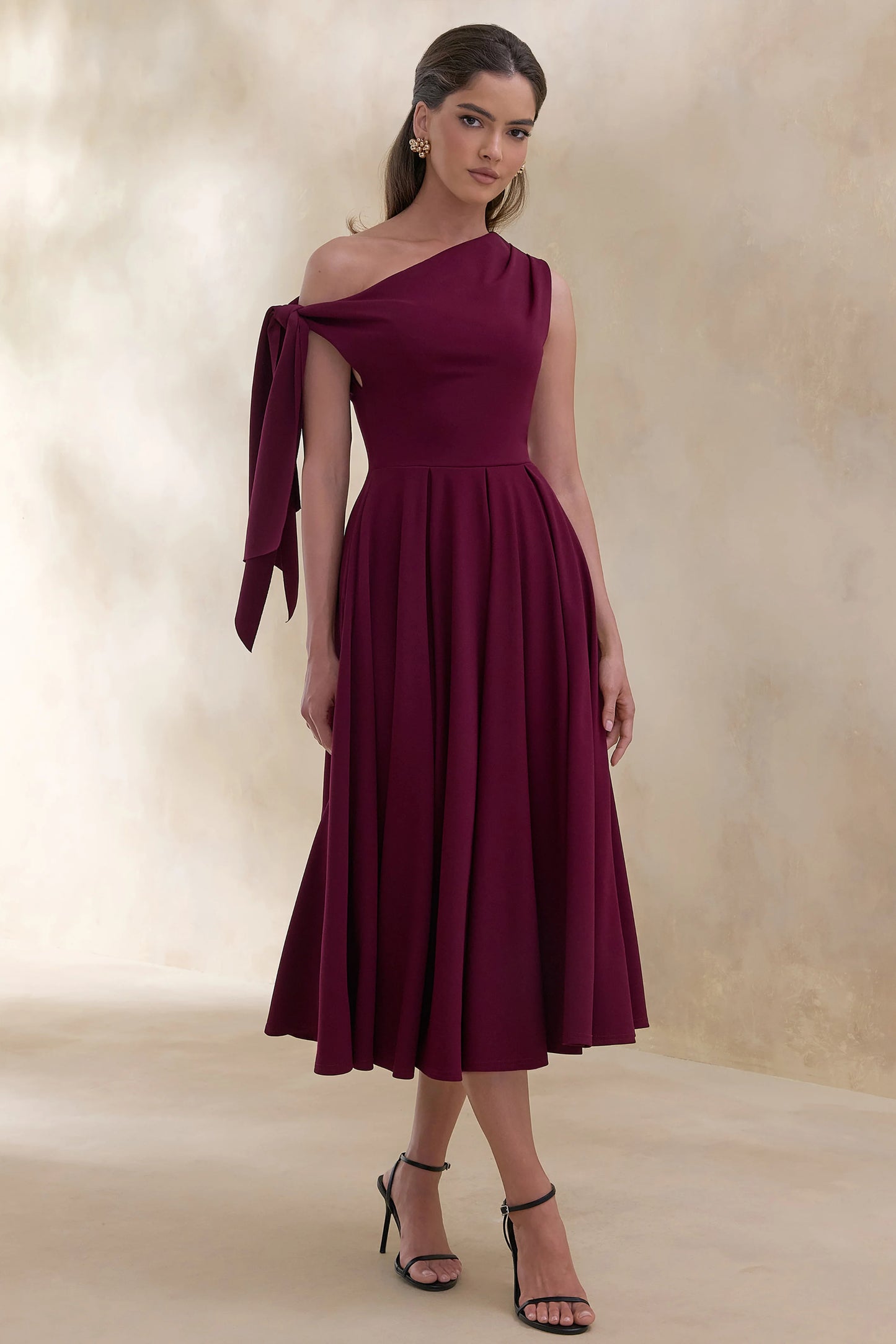 Daring Burgundy Asymmetric-Neck Midi Dress With Knot-Detail
