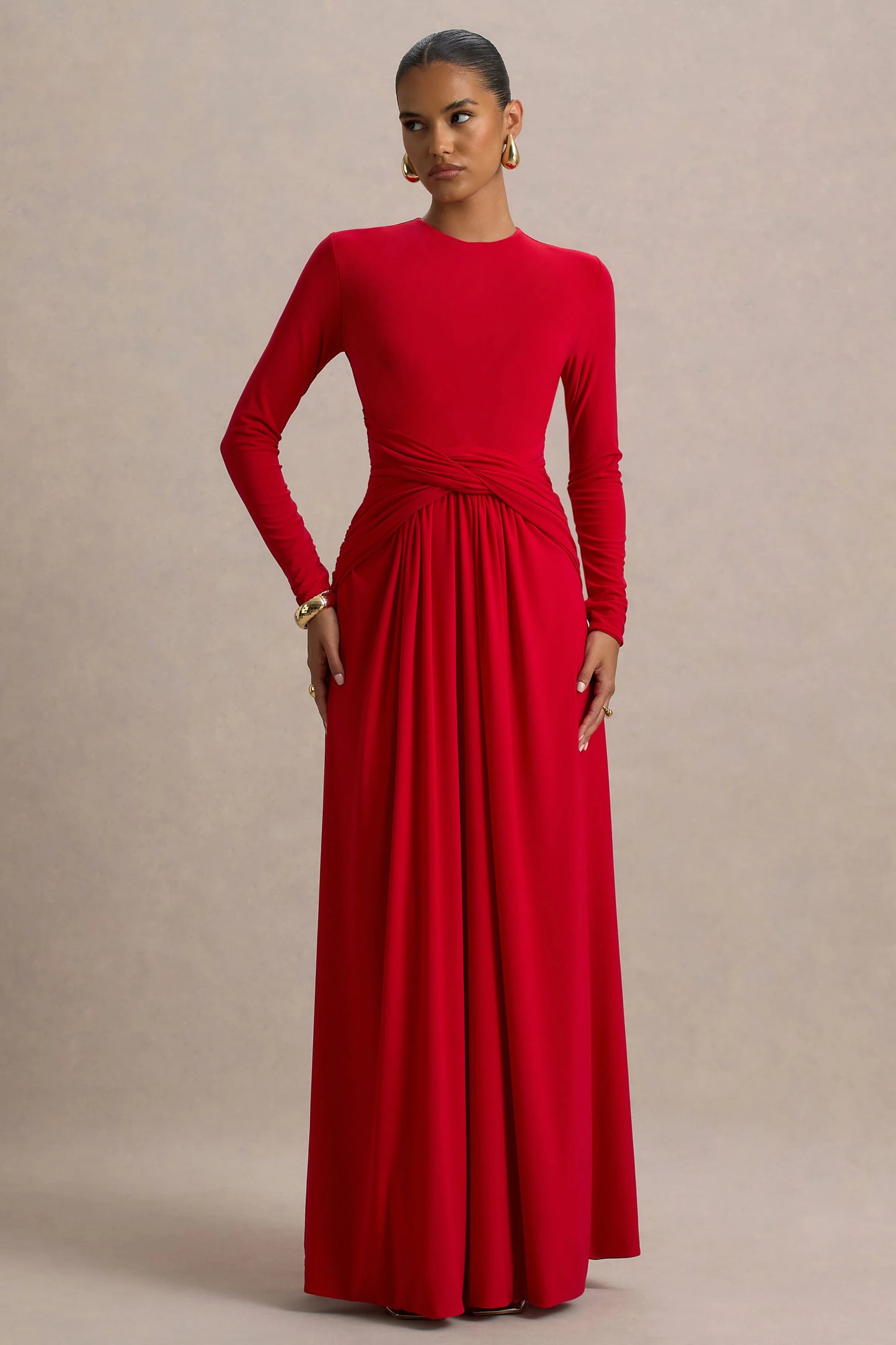 Estrella Red High-Neck Maxi Dress With Ruched Detailing