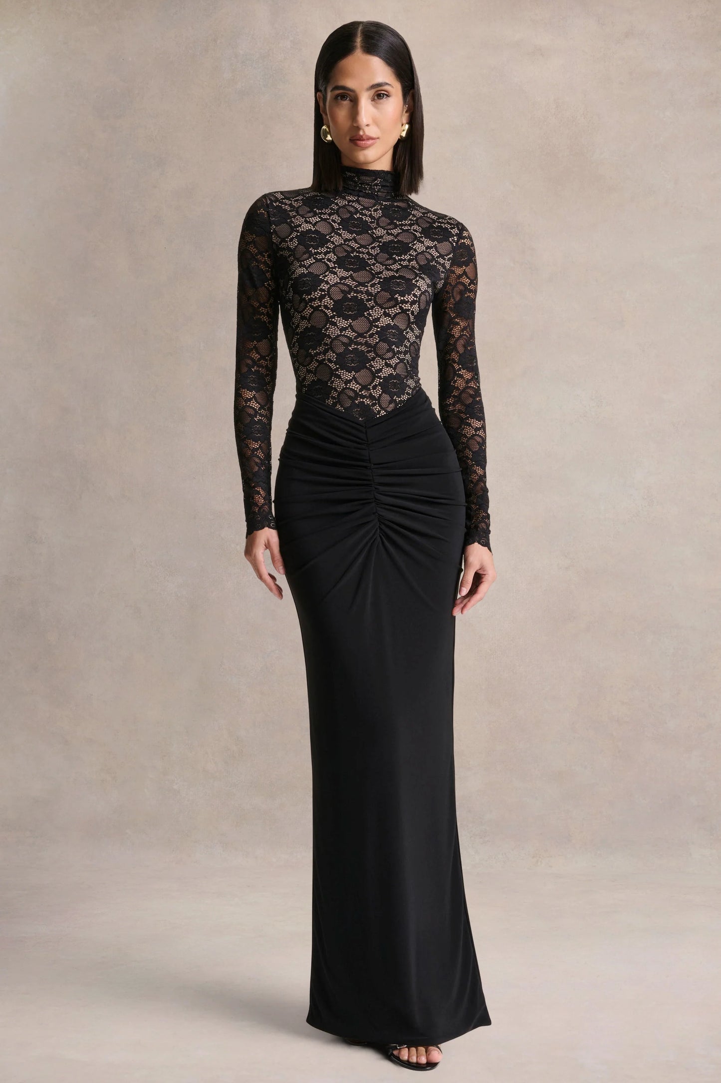 Justina Black High-Neck Maxi Dress With Gathered-Detailing