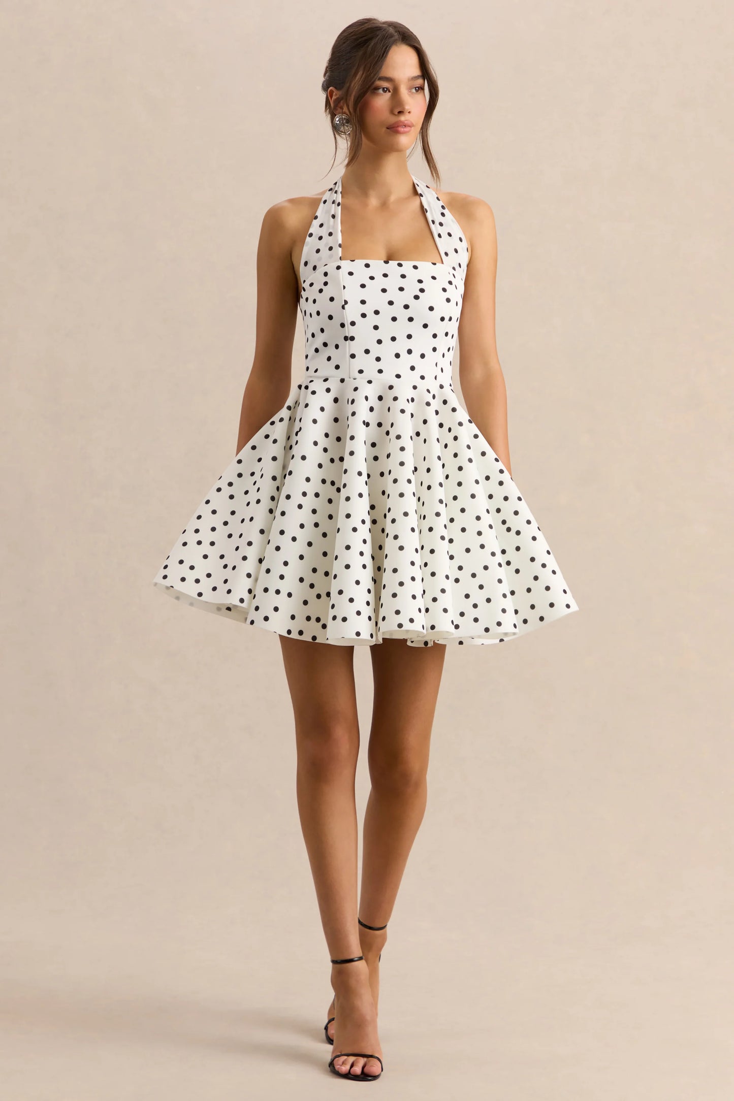 Peggy White & Black Polka Dot Halter-Neck Skater Mini Dress