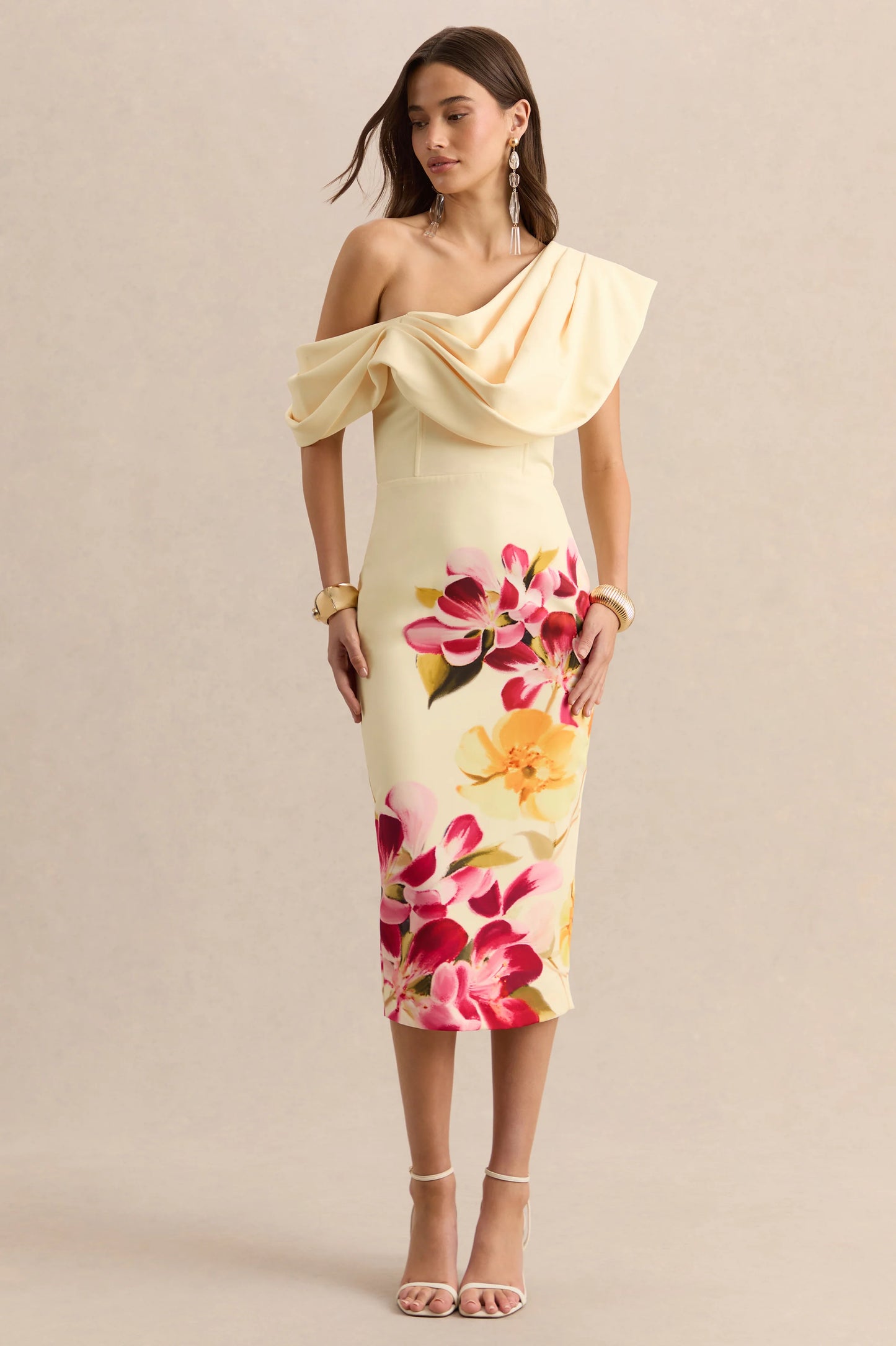 Adrina Hot Pink & Lemon Floral Print Draped One Shoulder Midi Dress
