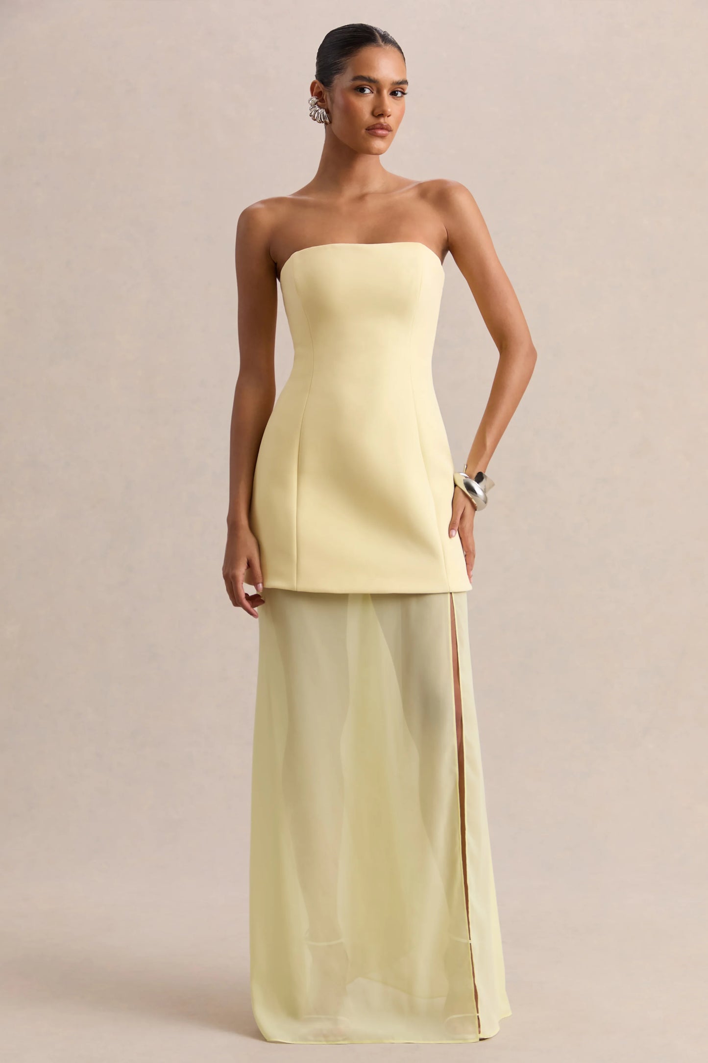 Chessa Lemon Boat-Neck Maxi Dress With Sheer Cape