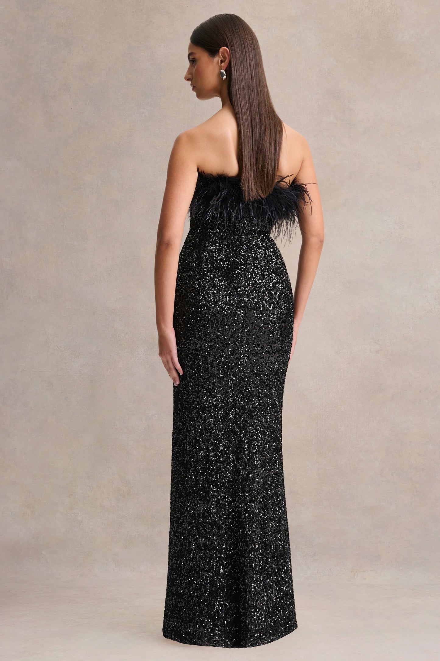 Daze Black Sequin Bandeau Maxi Dress With Feather-Trim