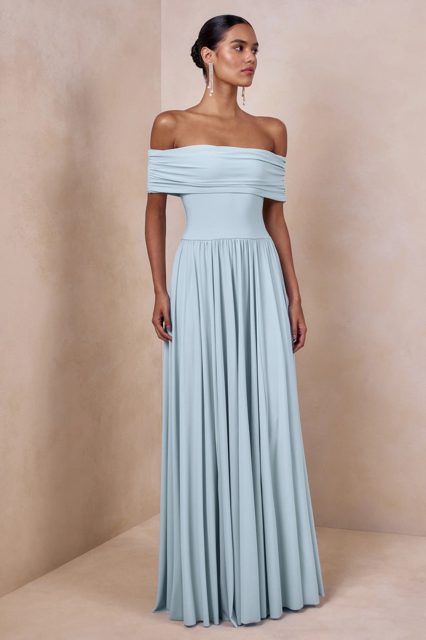 Cindie Powder Blue Bardot-Neck Maxi Dress