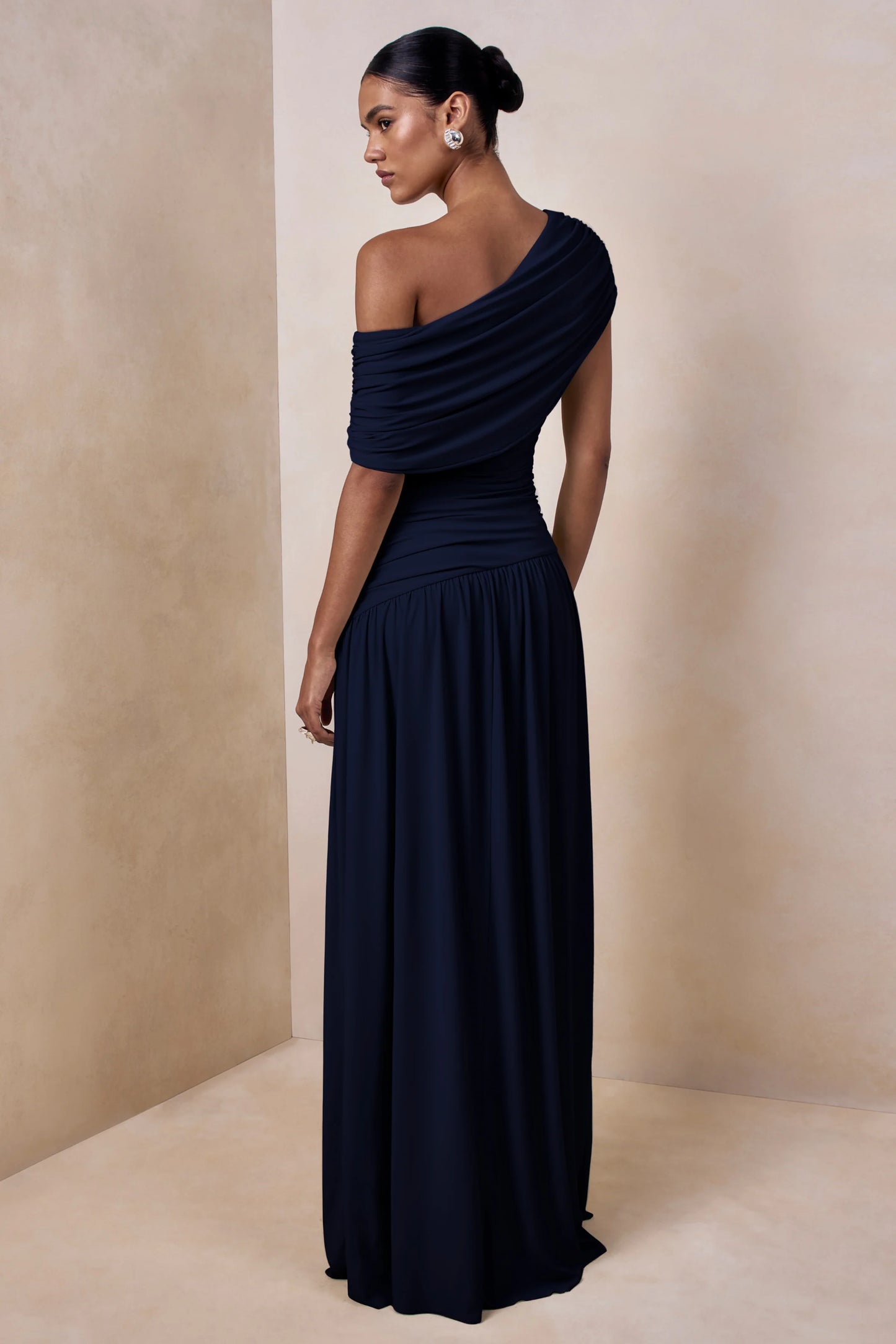 Emberly Navy Draped Asymmetric-Neck Maxi Dress With Drop-Waist
