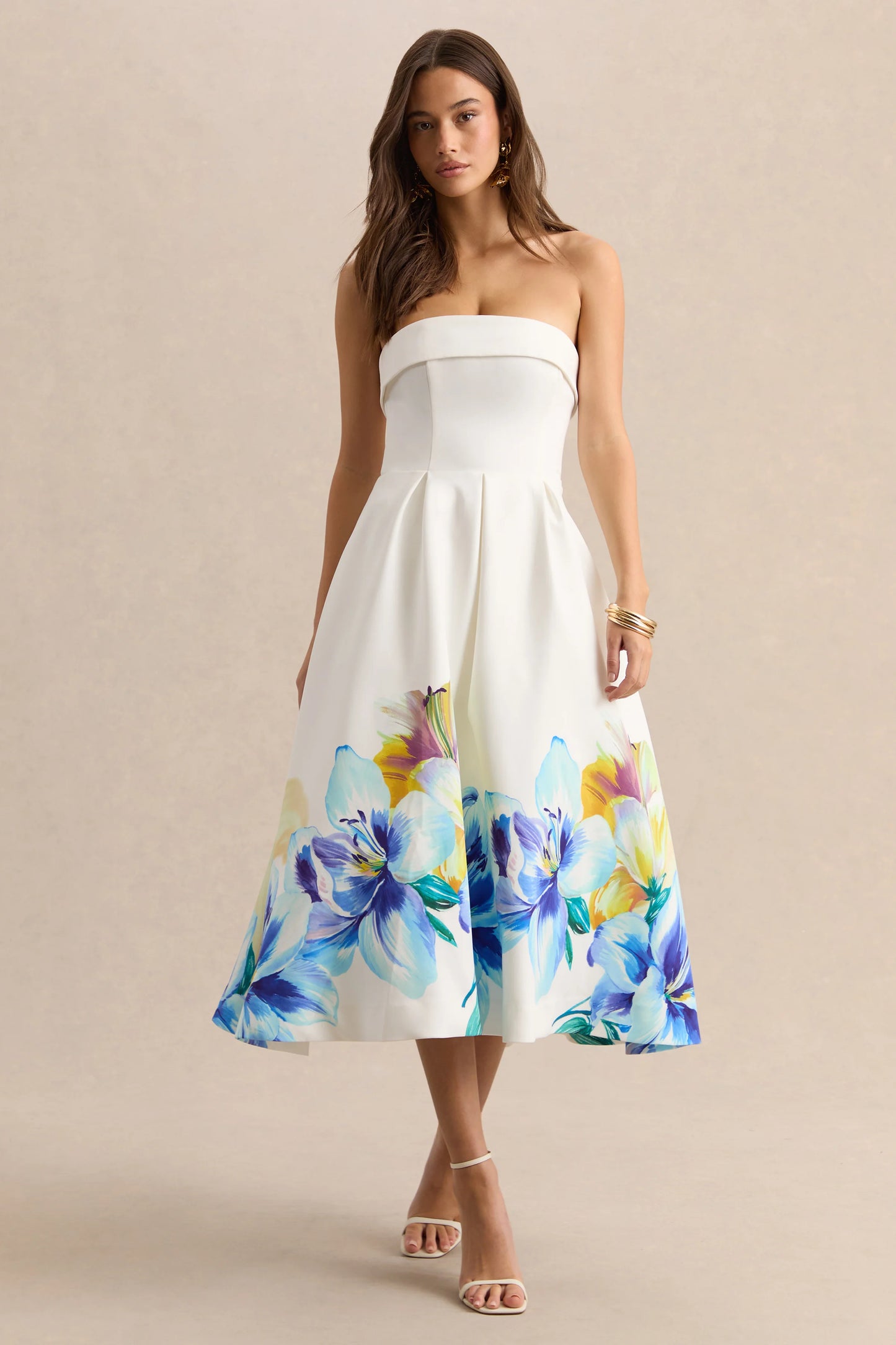 Annalise Blue And Yellow Floral Border Print Bandeau Skater Midi Dress