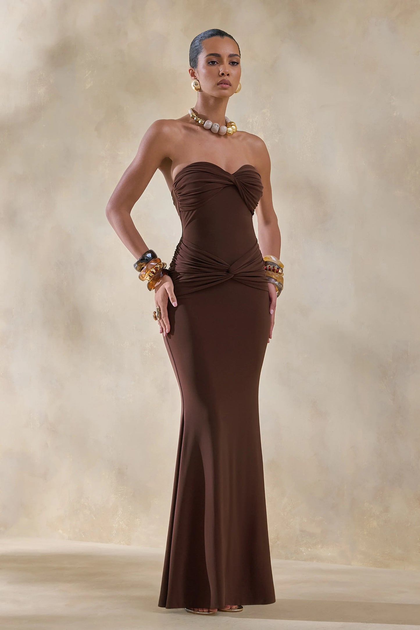 Elodia Brown Bandeau Maxi Dress With Gathered-Detailing