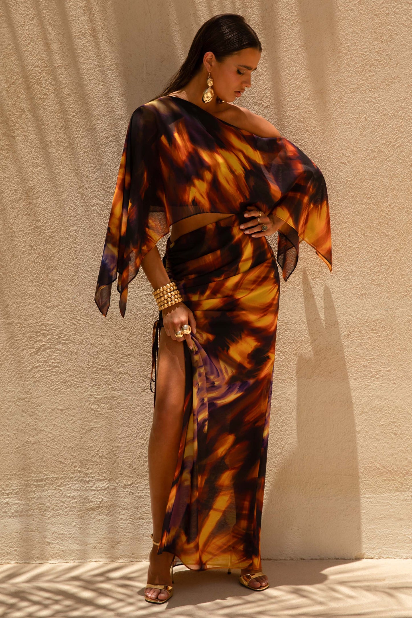 Nadine Smoke Print Asymmetric Maxi Skirt With Split