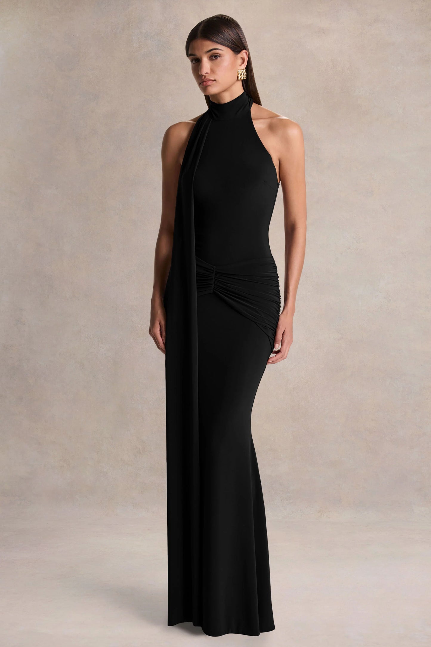 Hyla Black High-Neck Maxi Dress With Sash-Detail