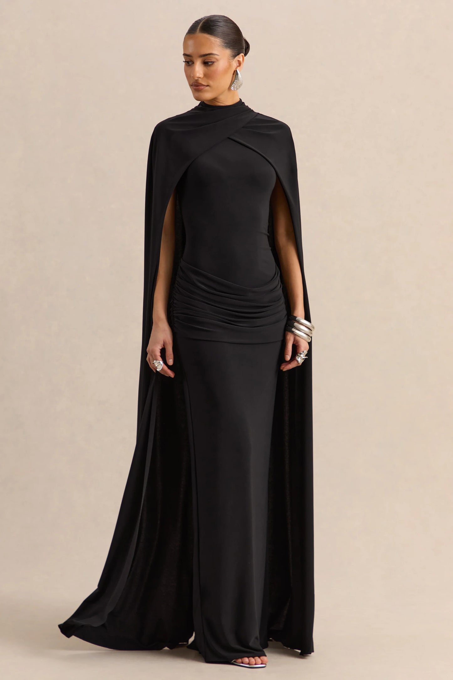 Dianelle Black High-Neck Maxi Dress With Cape-Sleeves