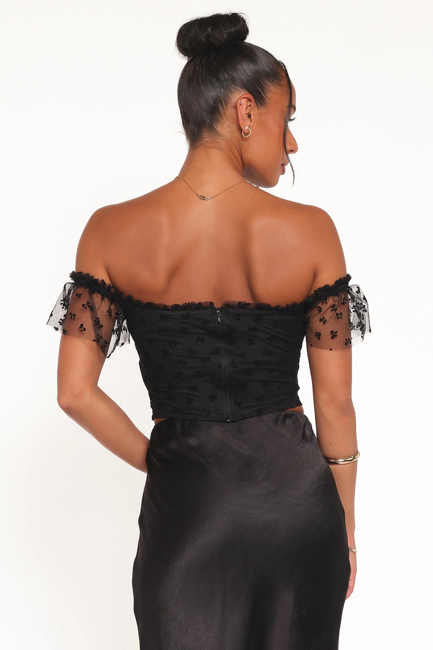 Aster Off Shoulder Mesh Top - Black