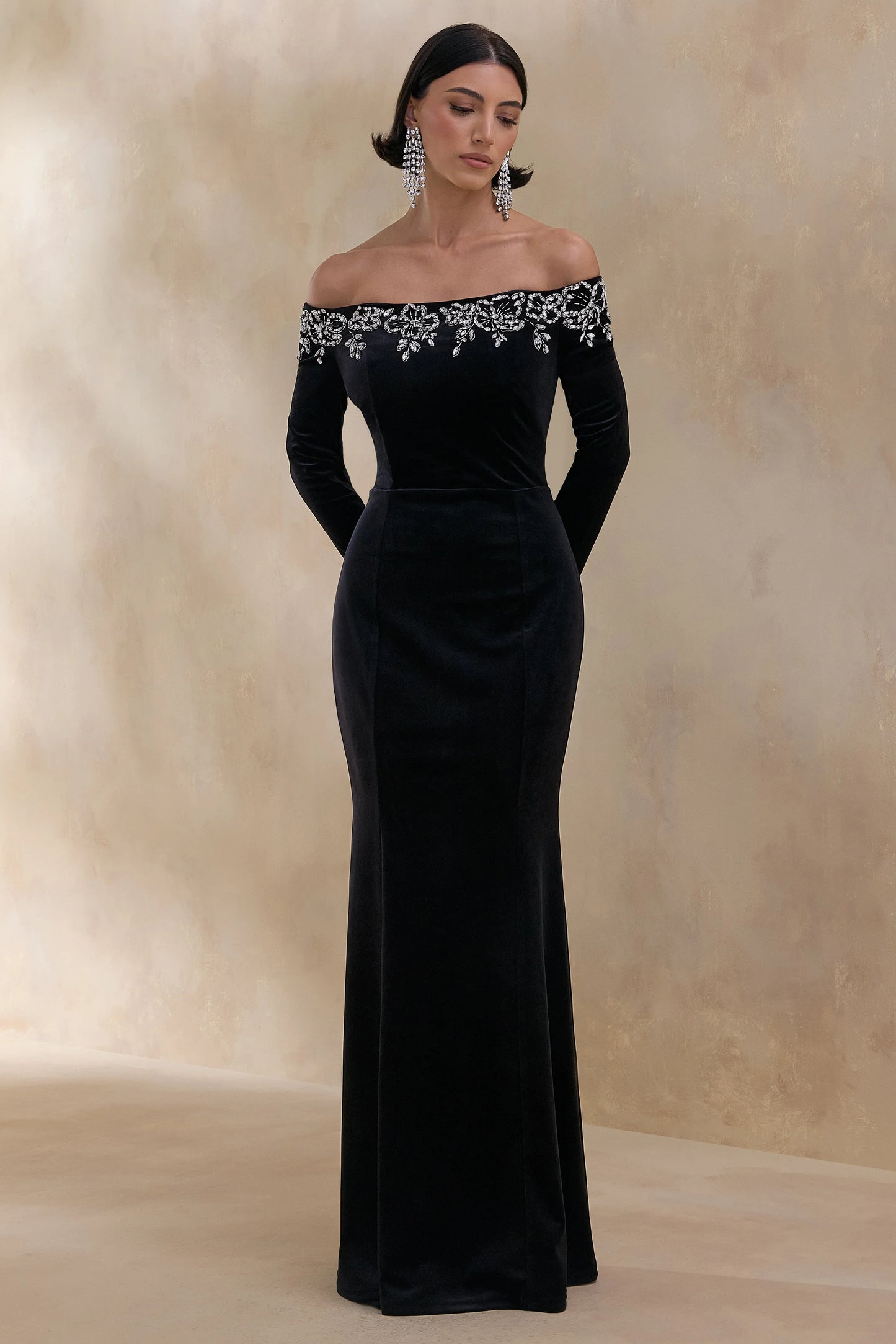 Fern Black Velvet Embellished Bardot-Neck Maxi Dress