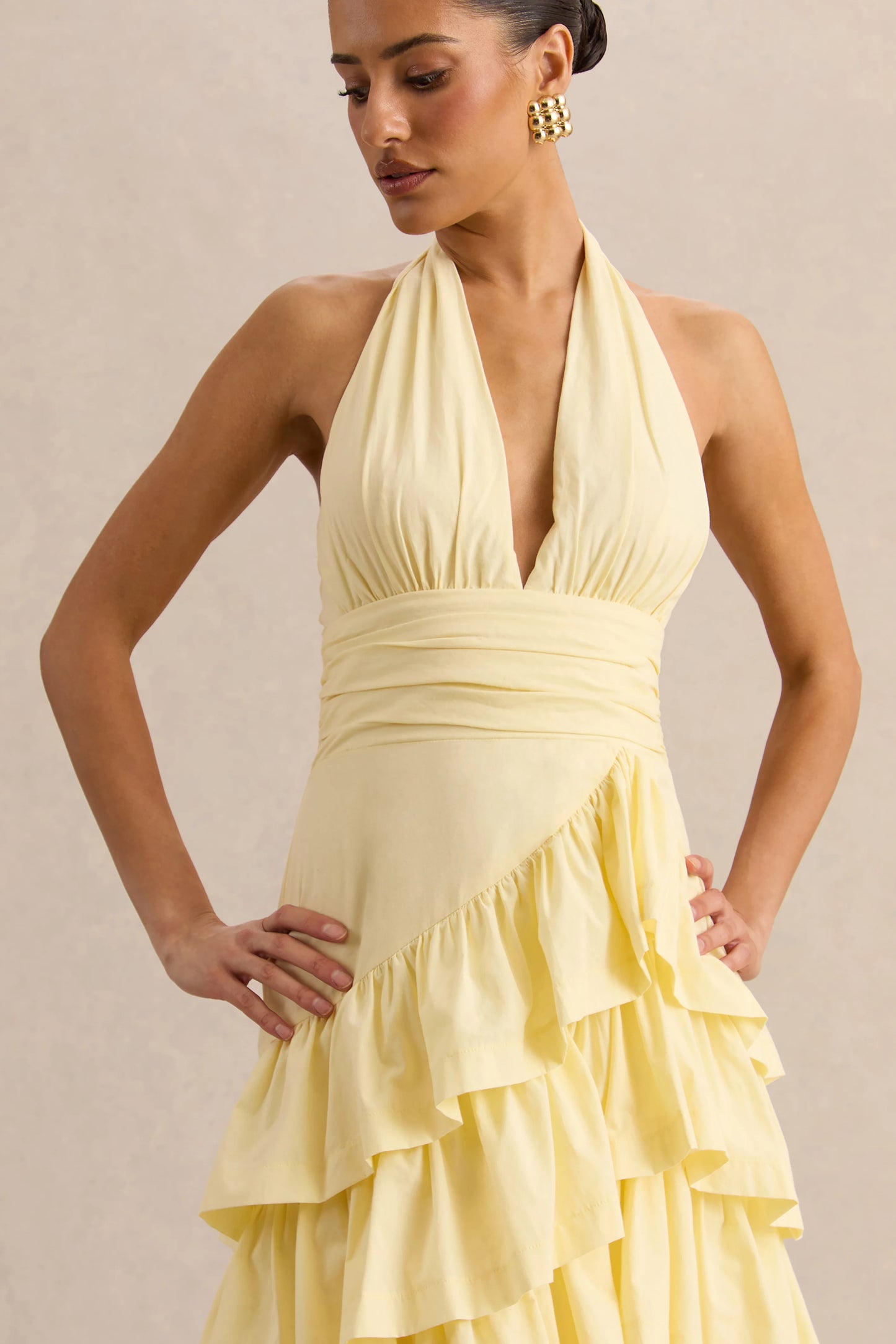 Velora Lemon Asymmetric Midi Dress With Tiered-Ruffled Skirt