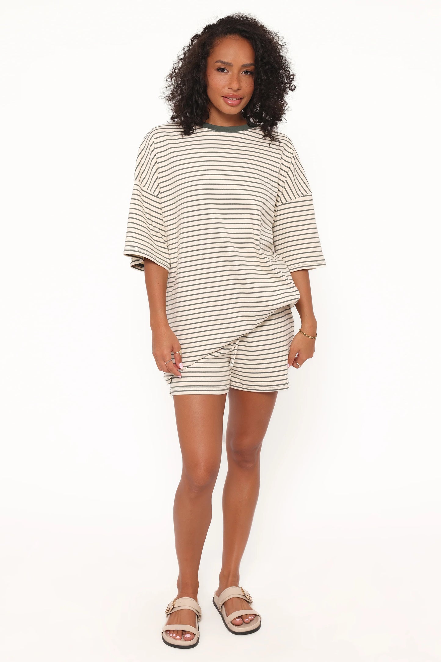 Hellen Stripe Short Set - Cream/Green Stripe
