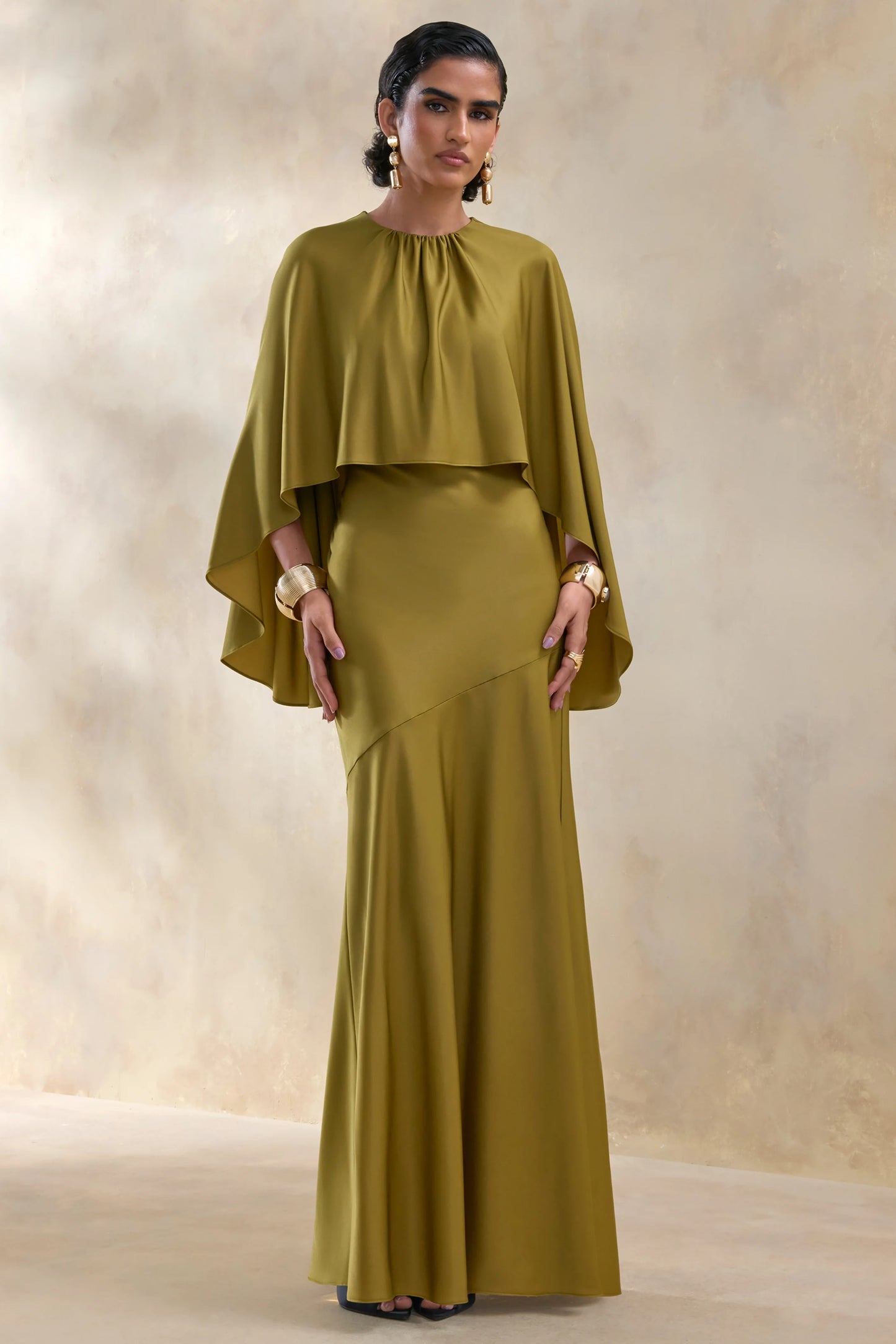 Vanthea Olive Satin Round-Neck Maxi Dress With Cape-Sleeves