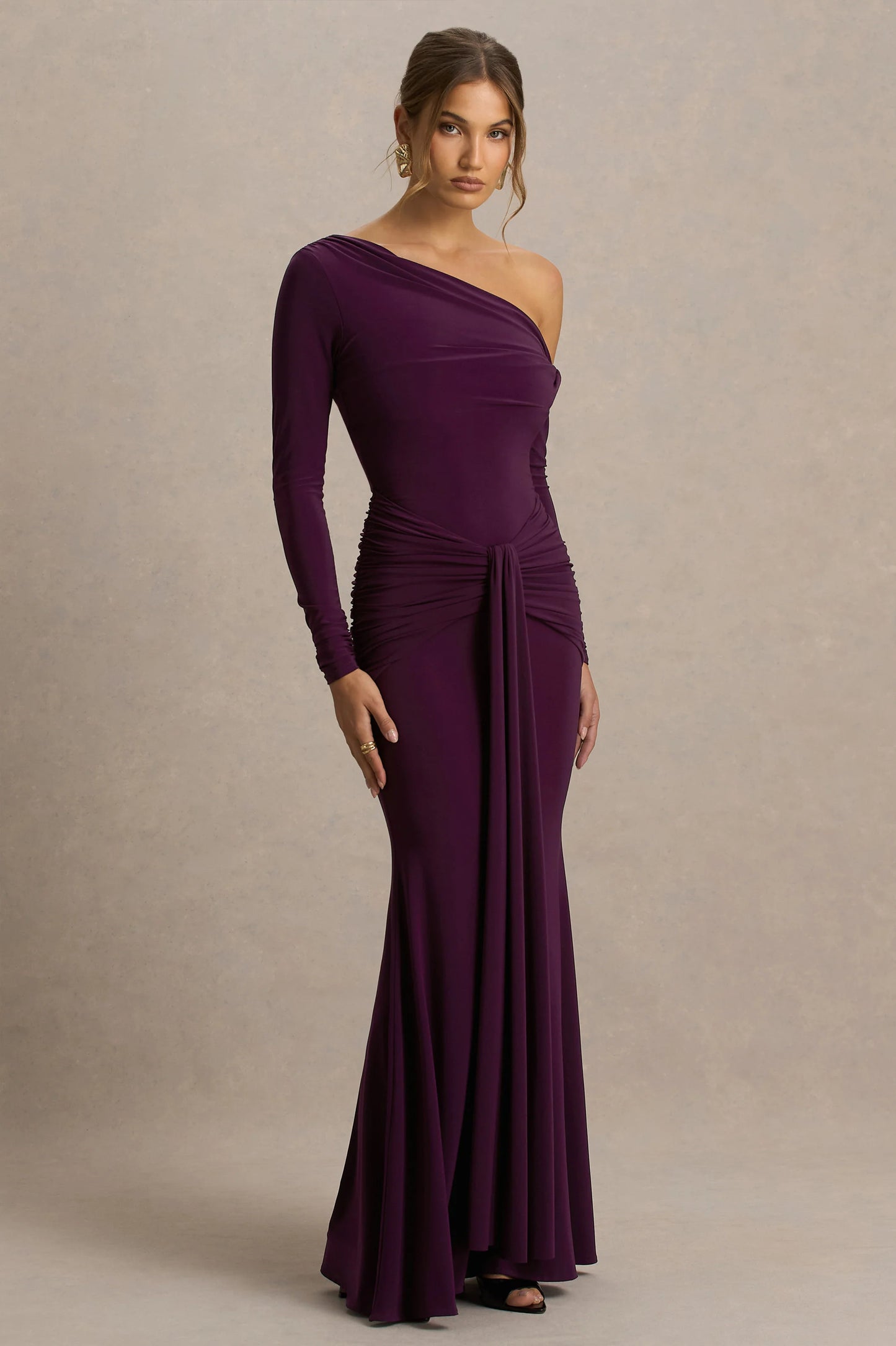 Clover Burgundy Asymmetric-Neck Wrapped Maxi Dress With Sash