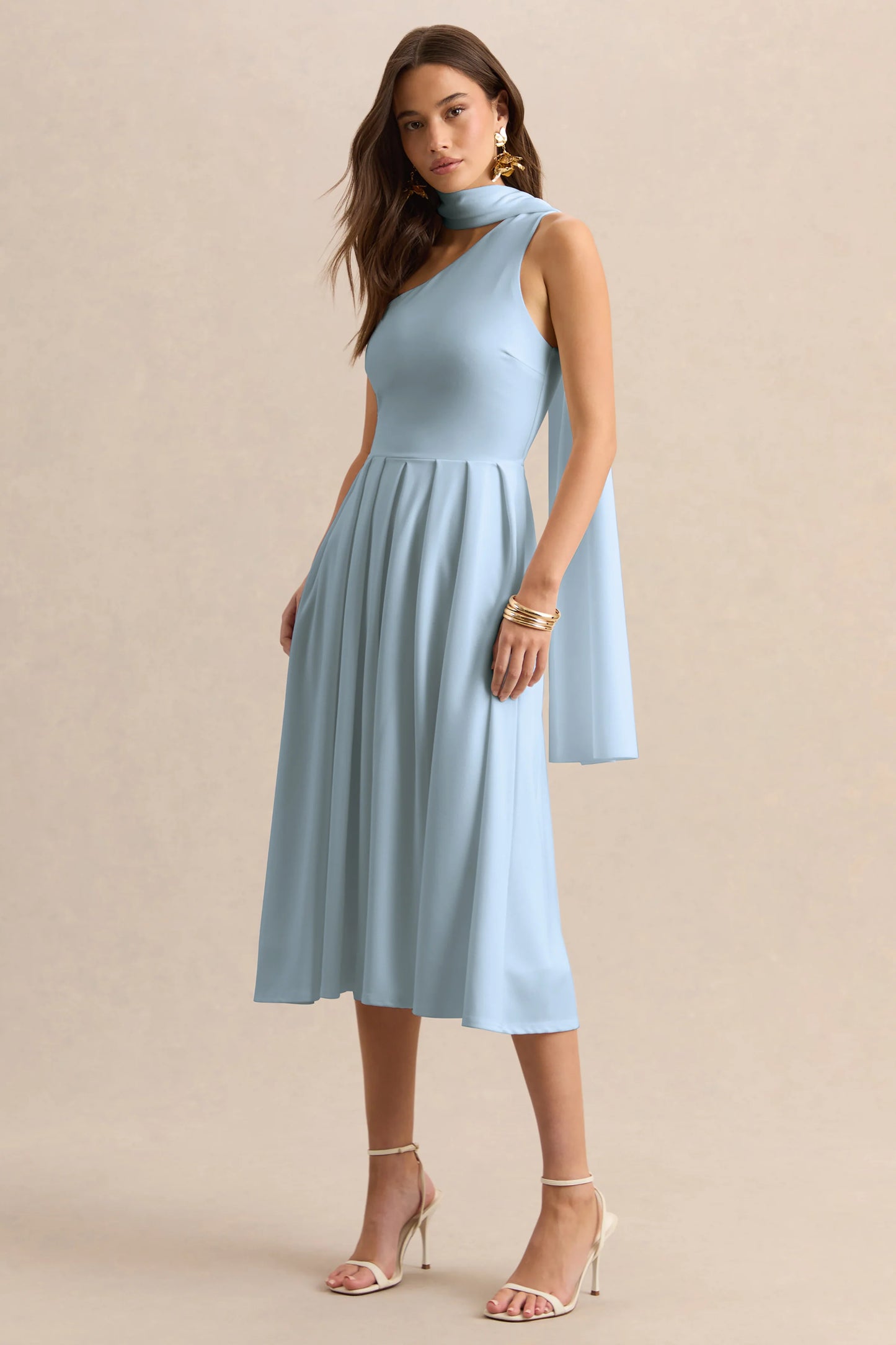 Odette Powder Blue Asymmetric-Neck Midi Dress With Scarf