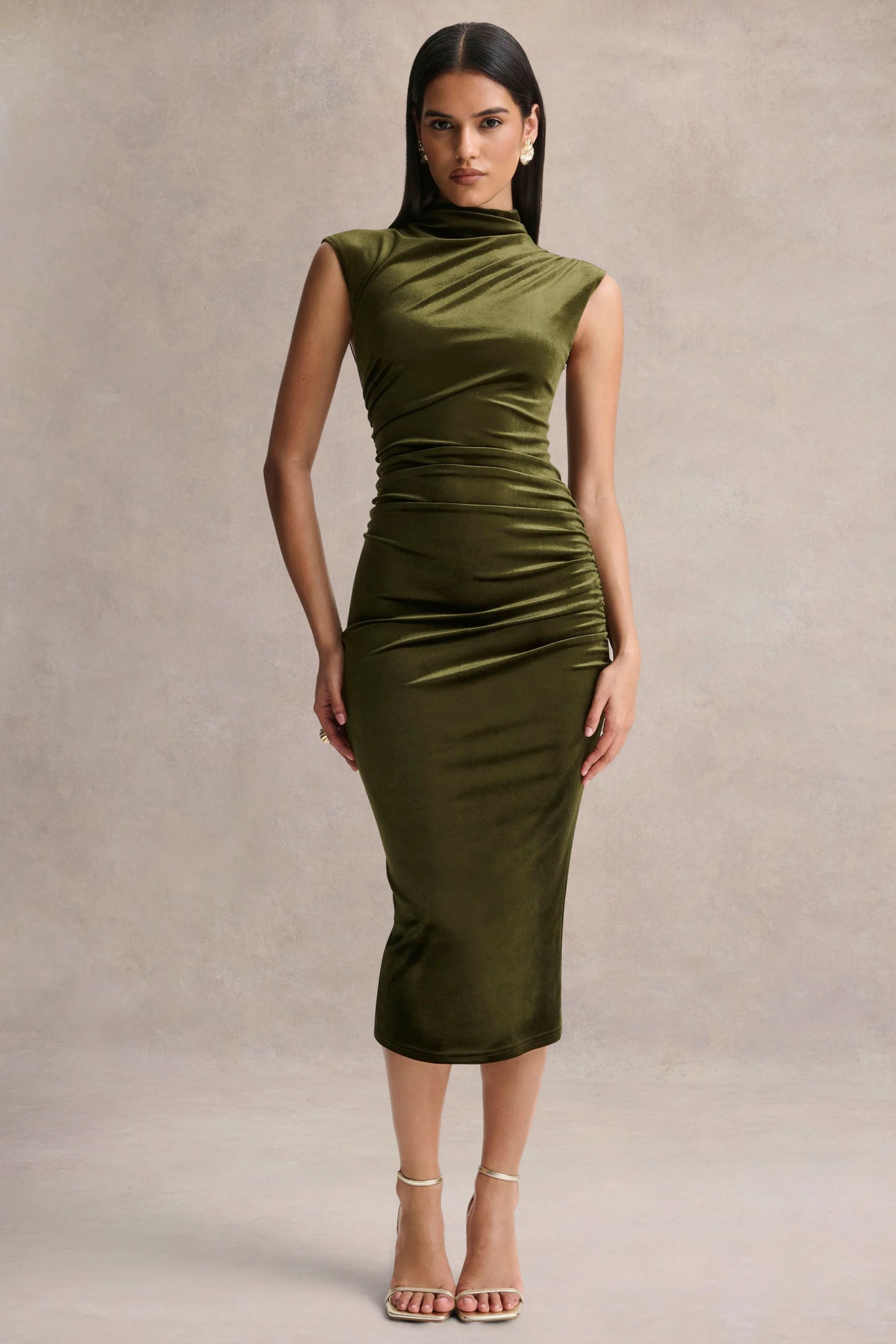 Novine Olive Velvet High-Neck Midi Dress