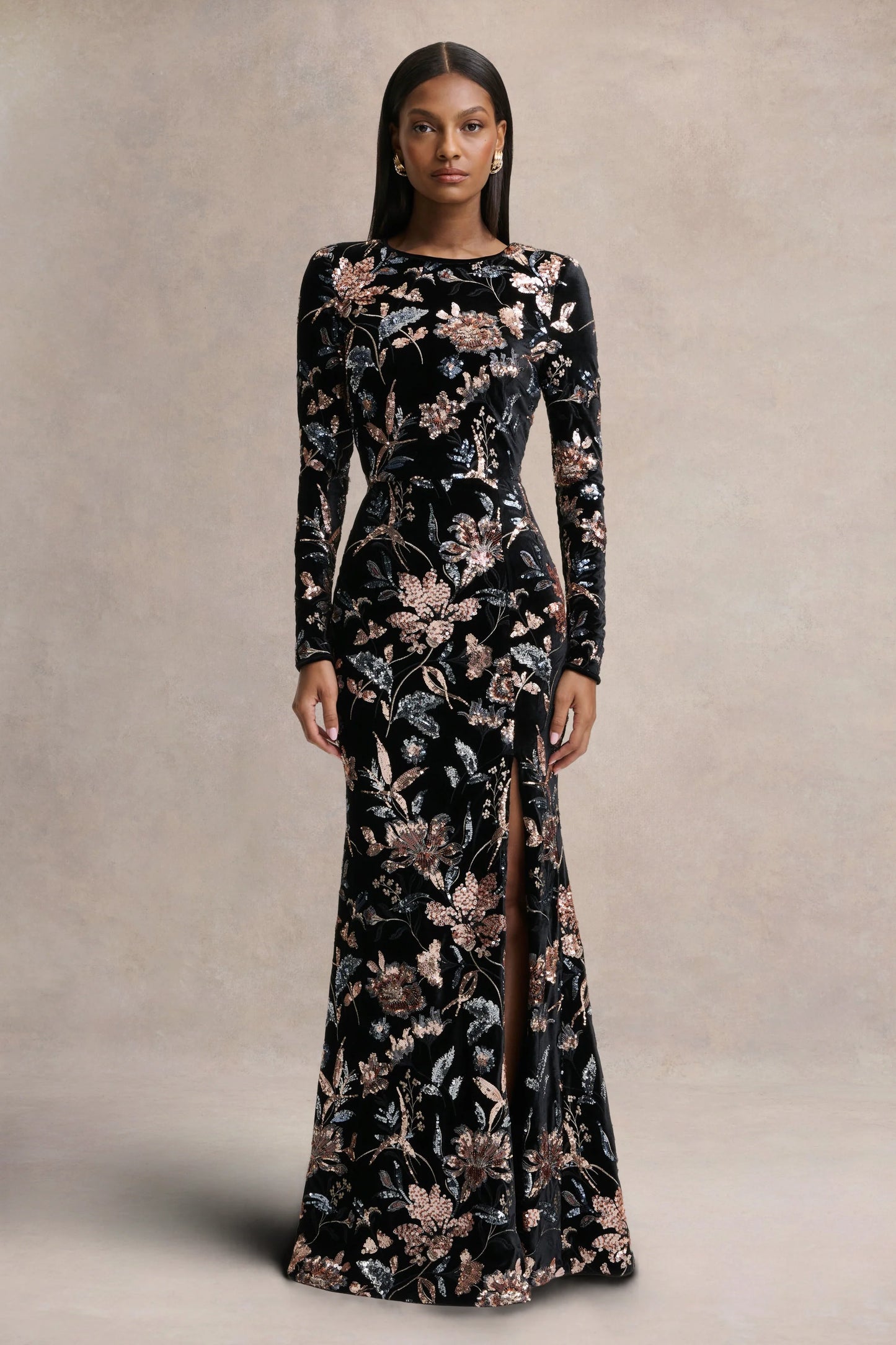 Lyric Black Floral Velvet And Sequin Embellished Crew-Neck Maxi Dress