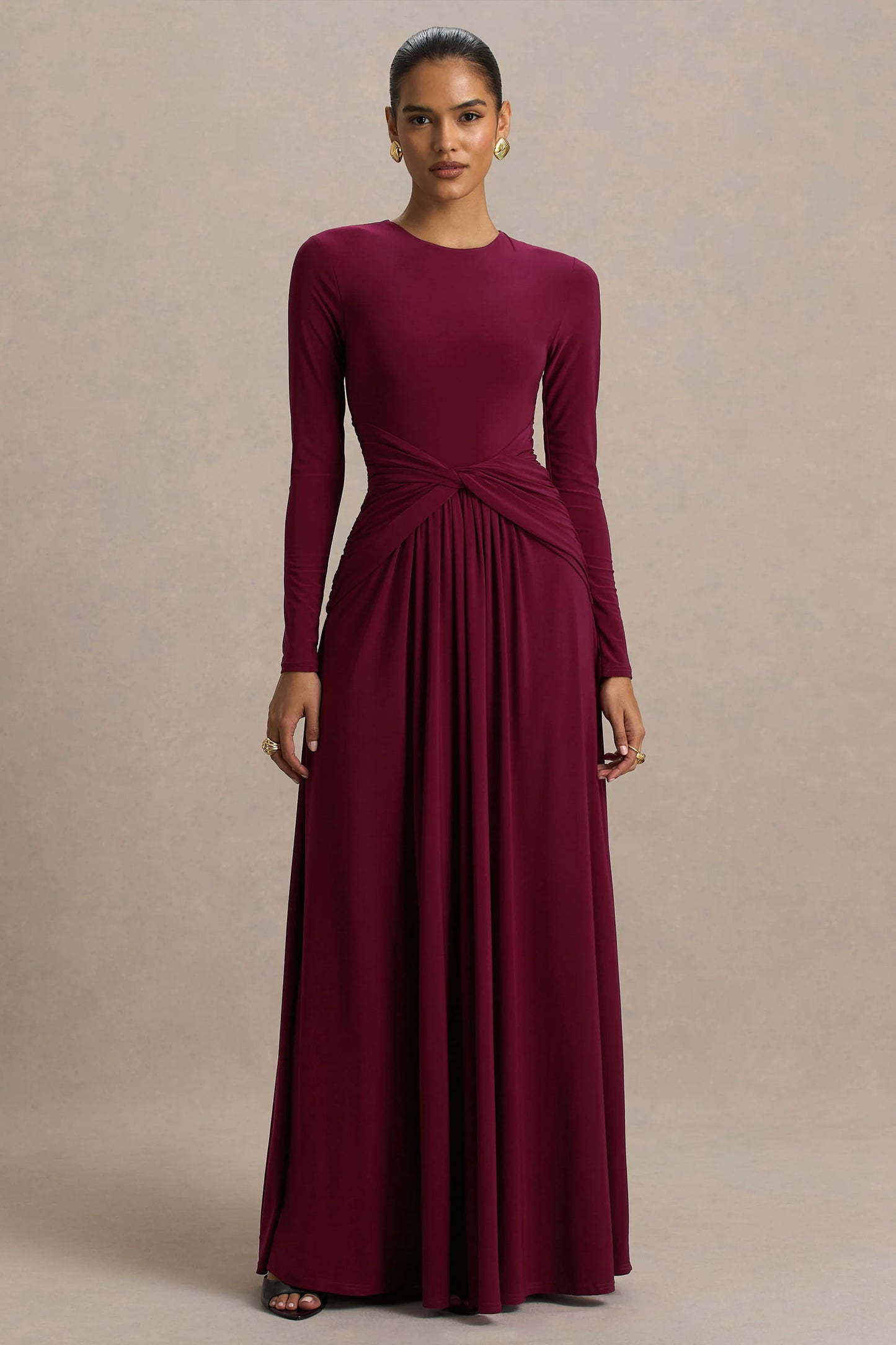 Estrella Berry High-Neck Maxi Dress With Ruched Detailing