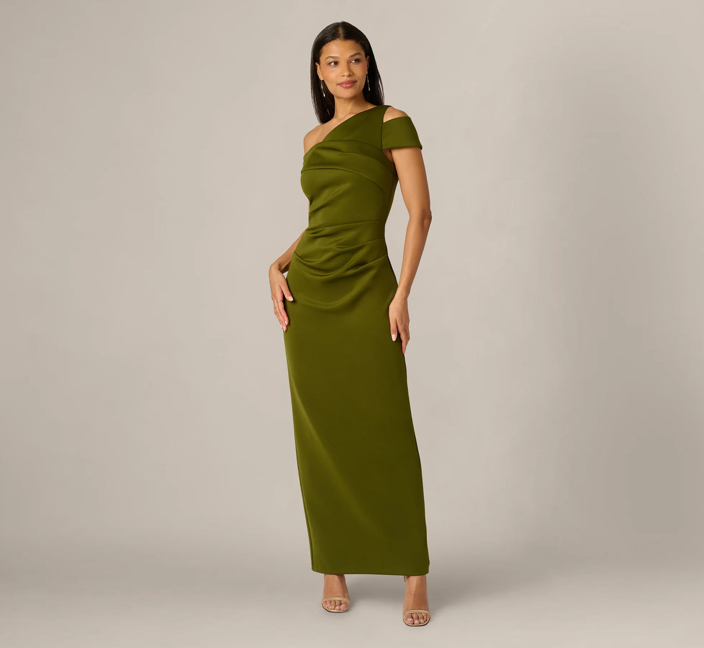 Asymmetrical Draped Column Gown In Jungle Olive