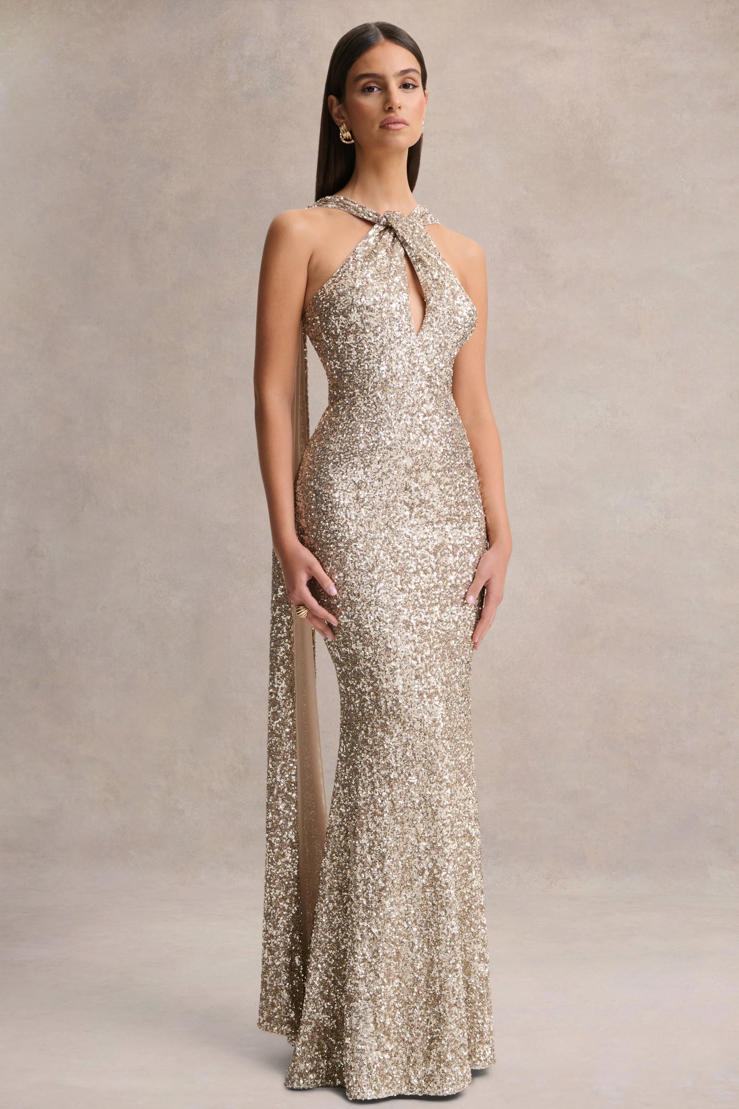 Renelle Gold Sequin Halter-Neck Maxi Dress