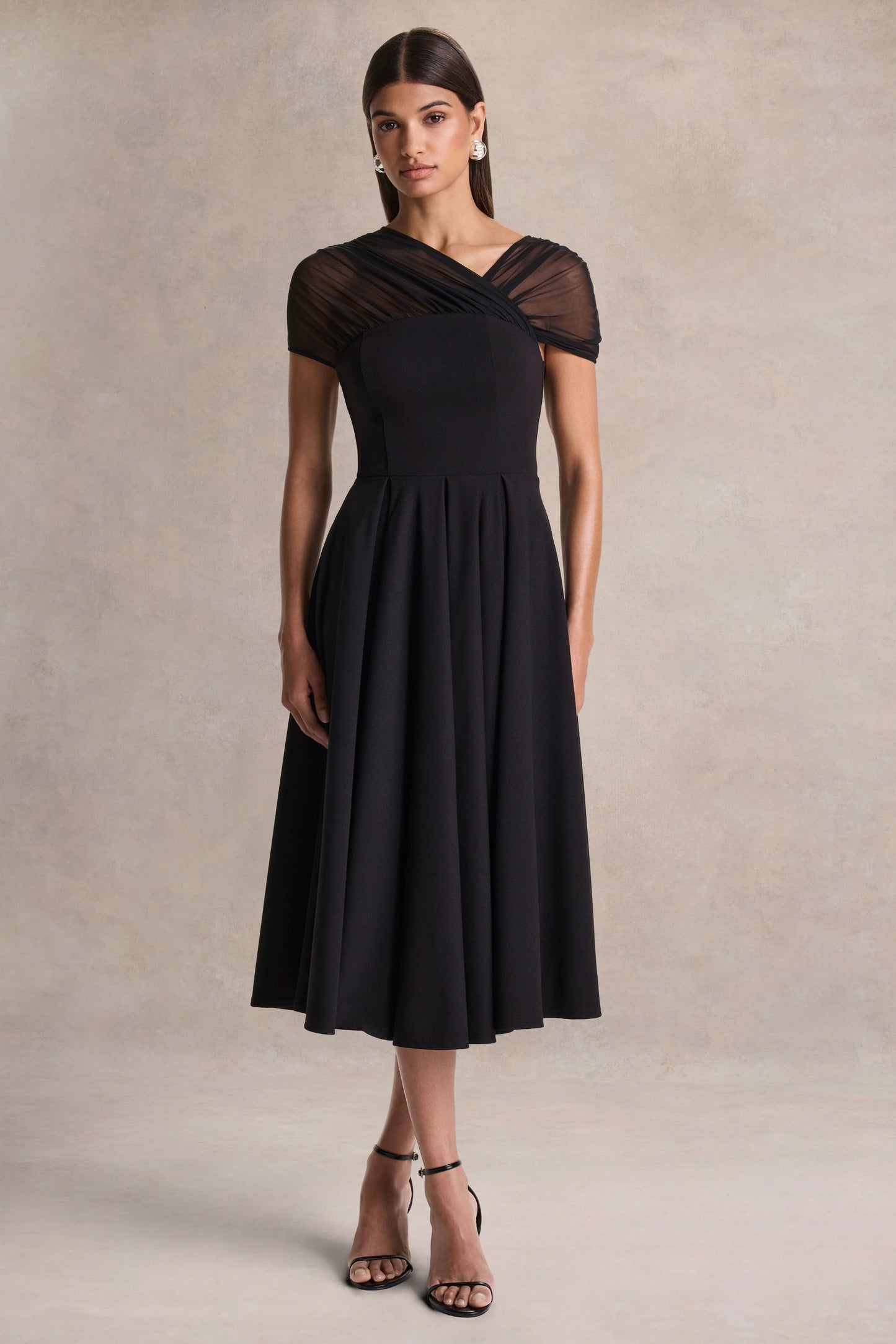 Rosette Black Asymmetric-Neck Midi Dress