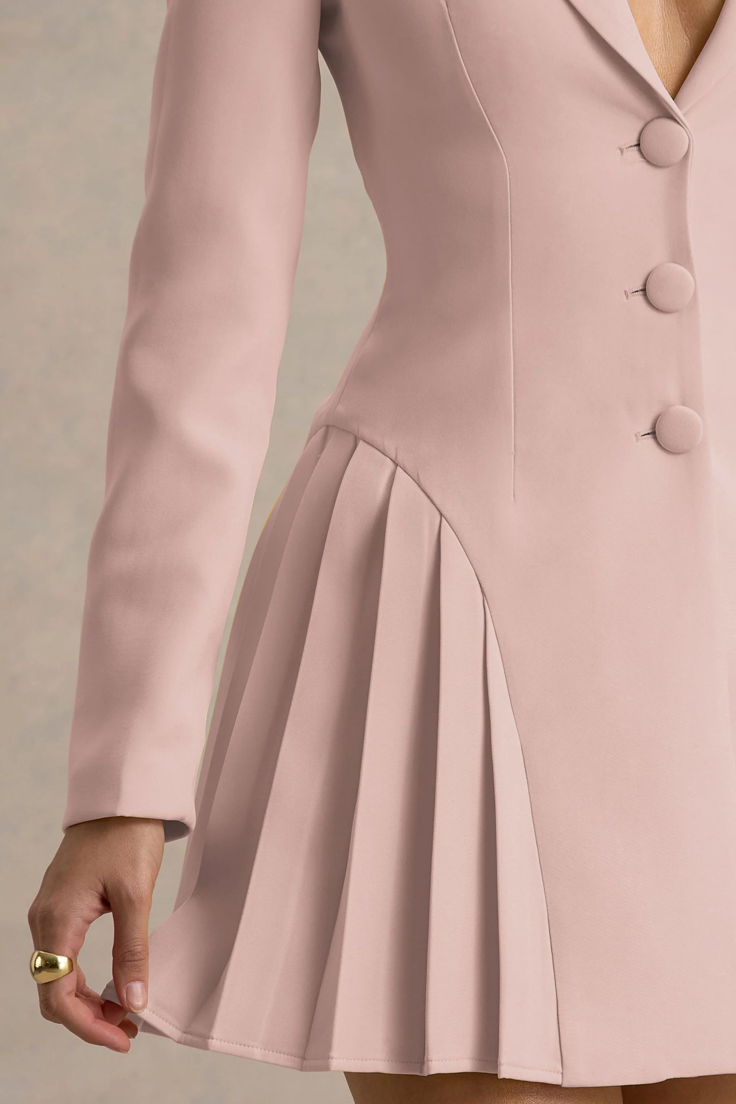 Blossoming Baby Pink Plunge-Neck Tailored Mini Dress With Pleating