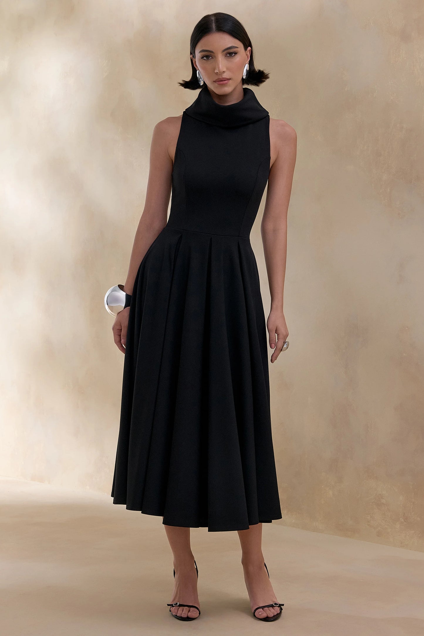 Exclusivity Black High-Neck Midi Dress