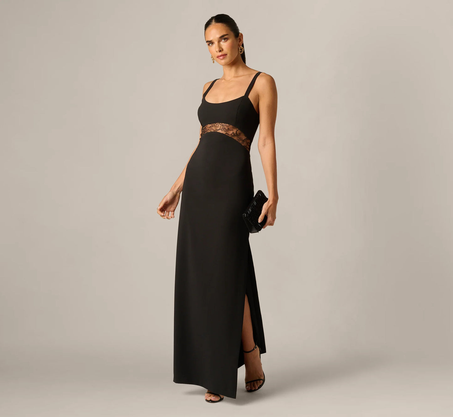 Sleeveless Lace Cutout Column Gown In Black
