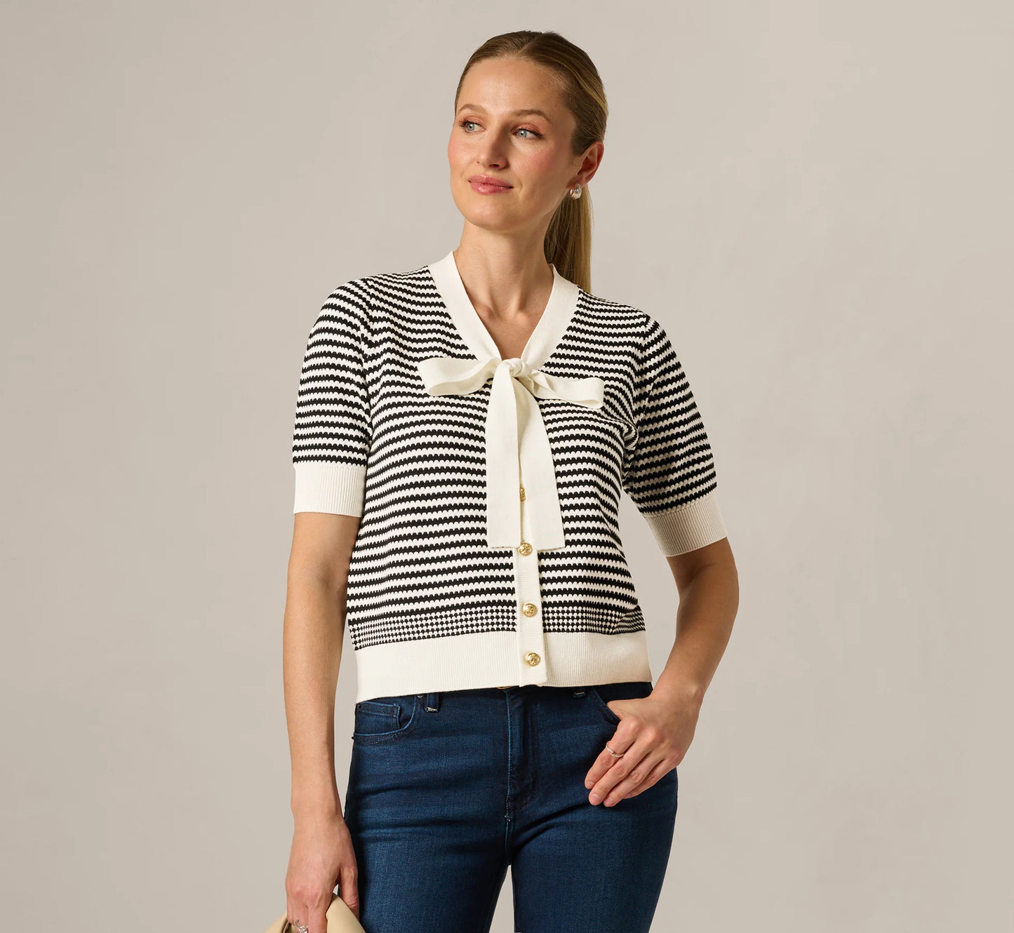Short Sleeve Tie Neck Cardigan In Ivory Black