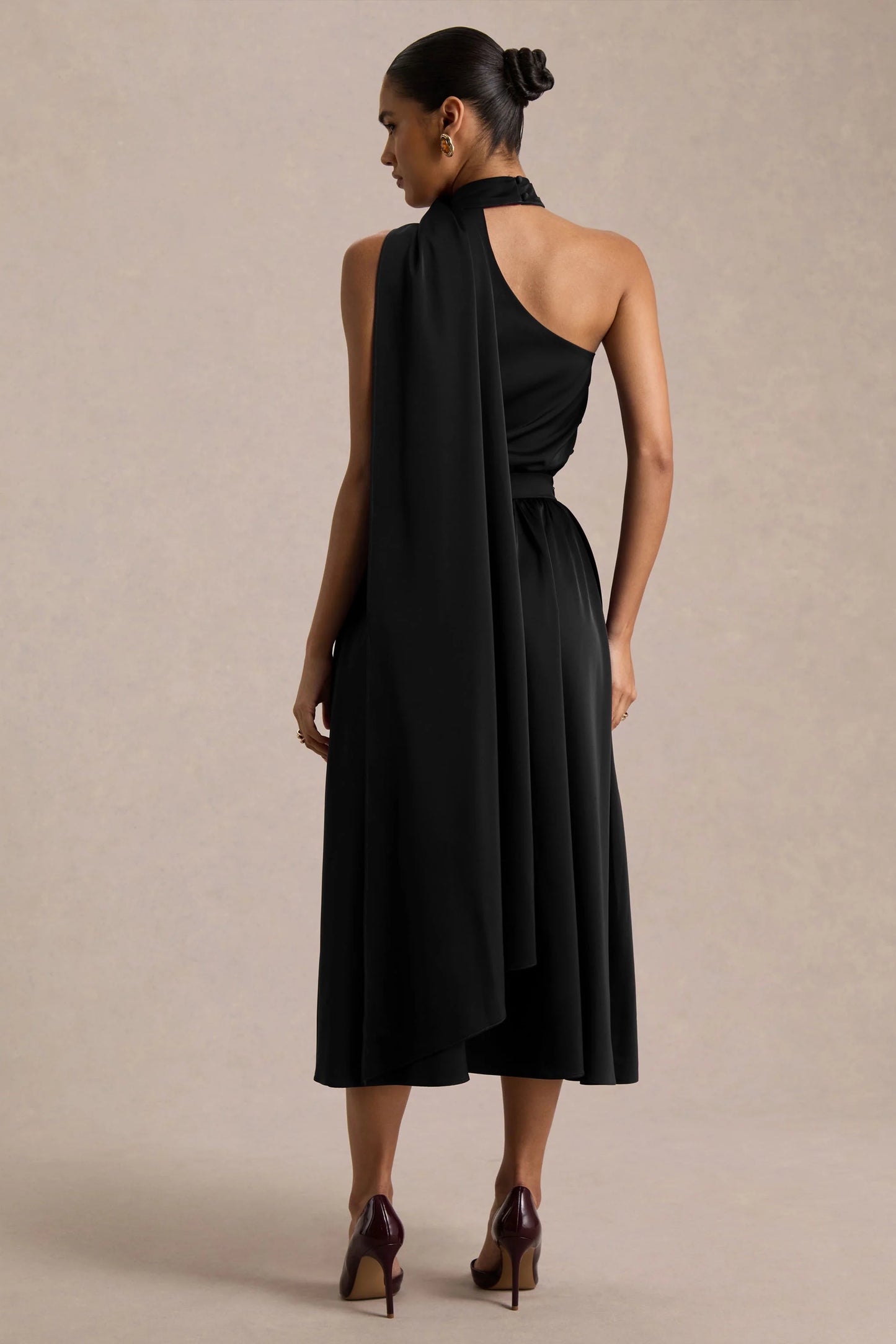 Caluna Black Satin Asymmetric-Neck Midi Dress With Scarf-Detail