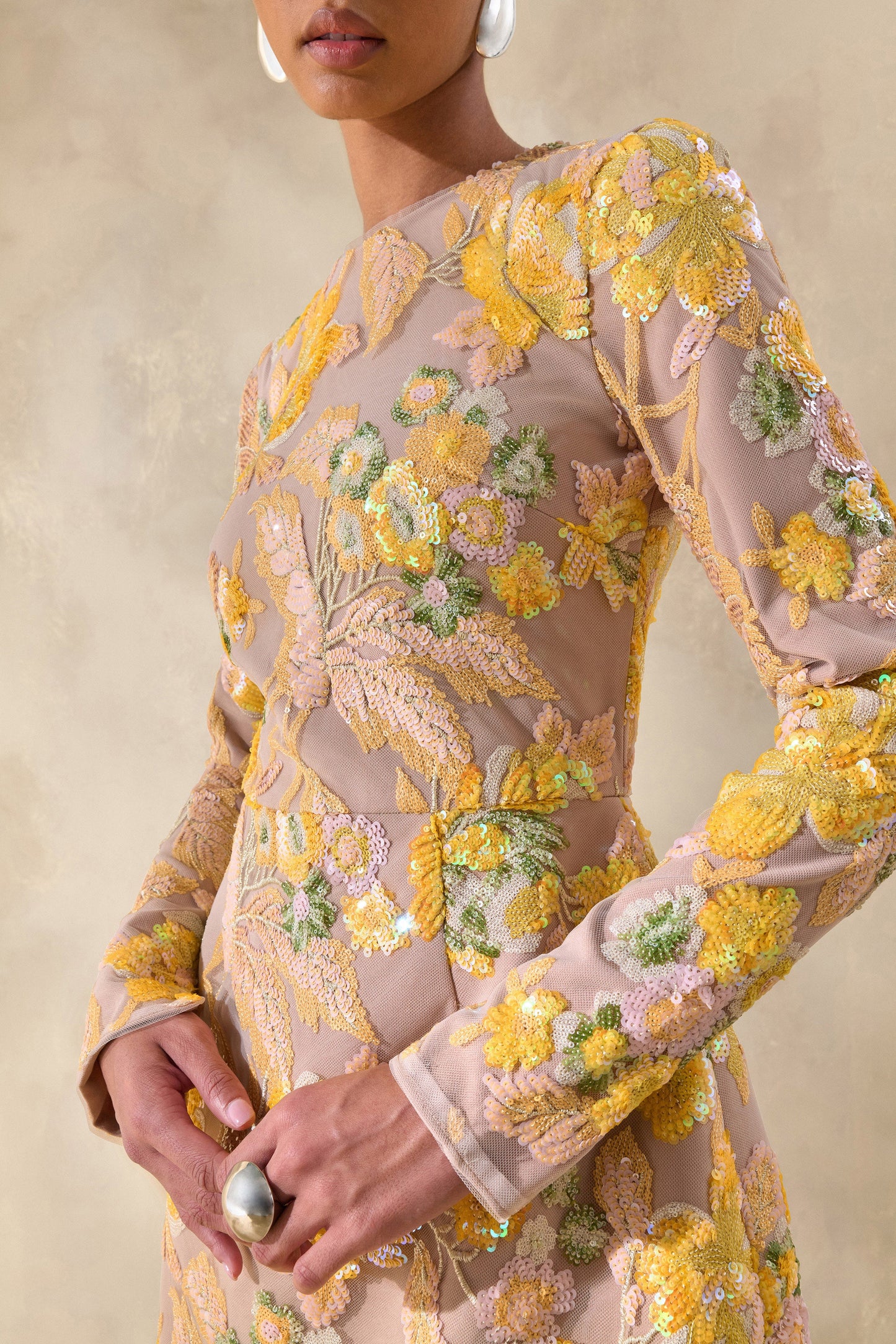 Merdia Yellow Embellished Floral Crew-Neck Mini Dress