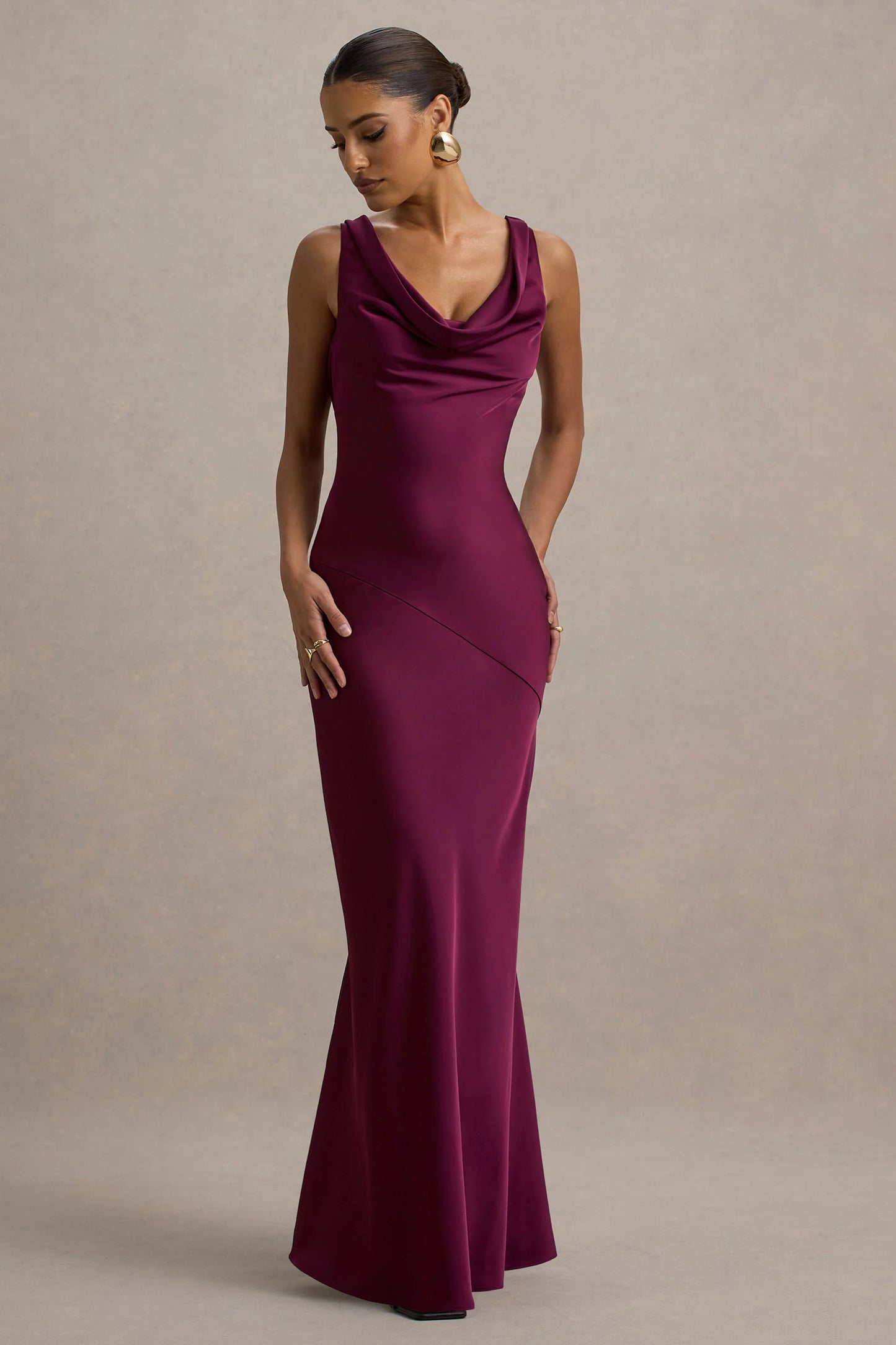 Alesso Burgundy Satin Cowl-Neck Slip-Maxi Dress