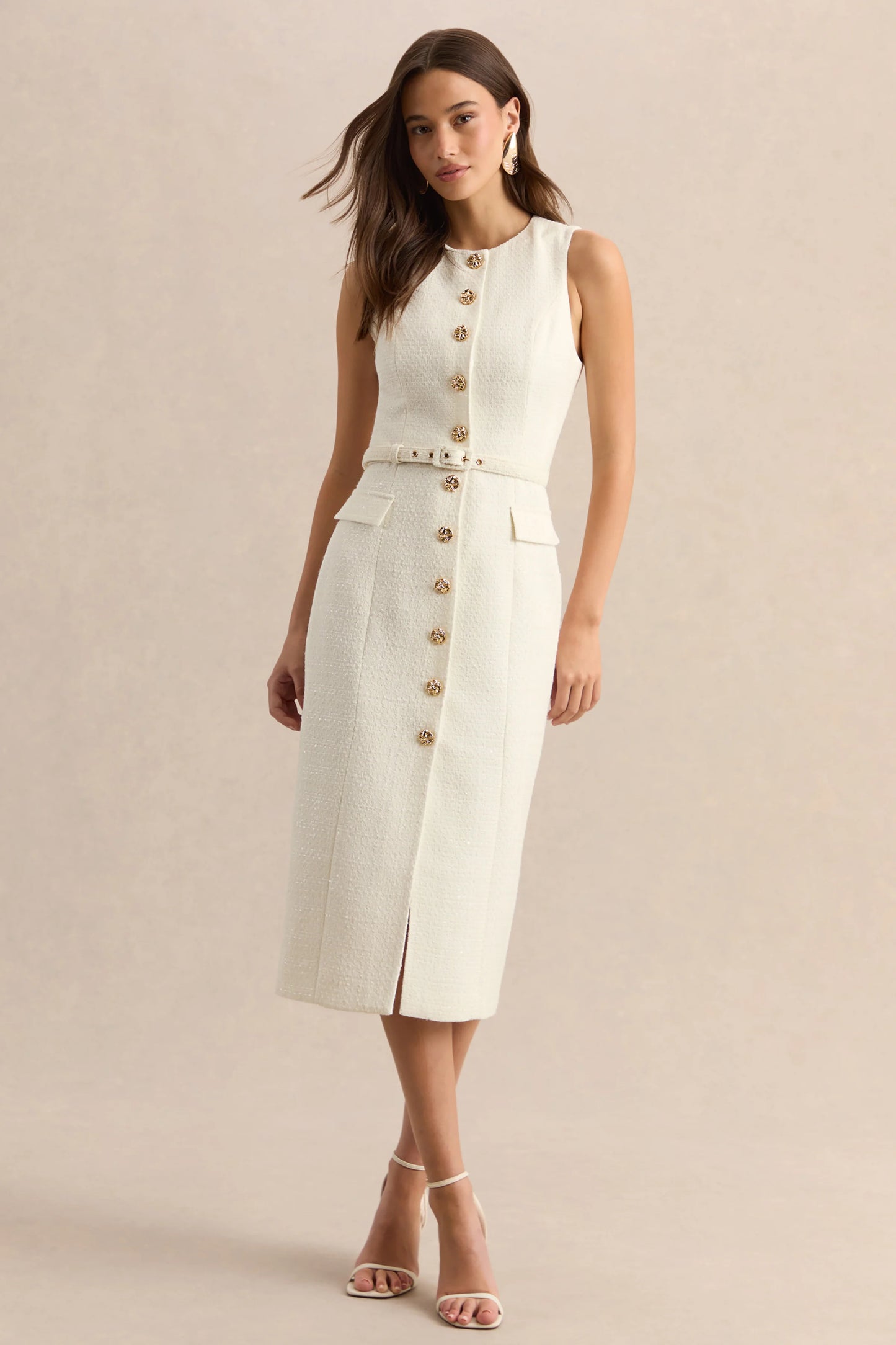 Clea Cream Crew-Neck Belted Midi Dress With Front-Pockets