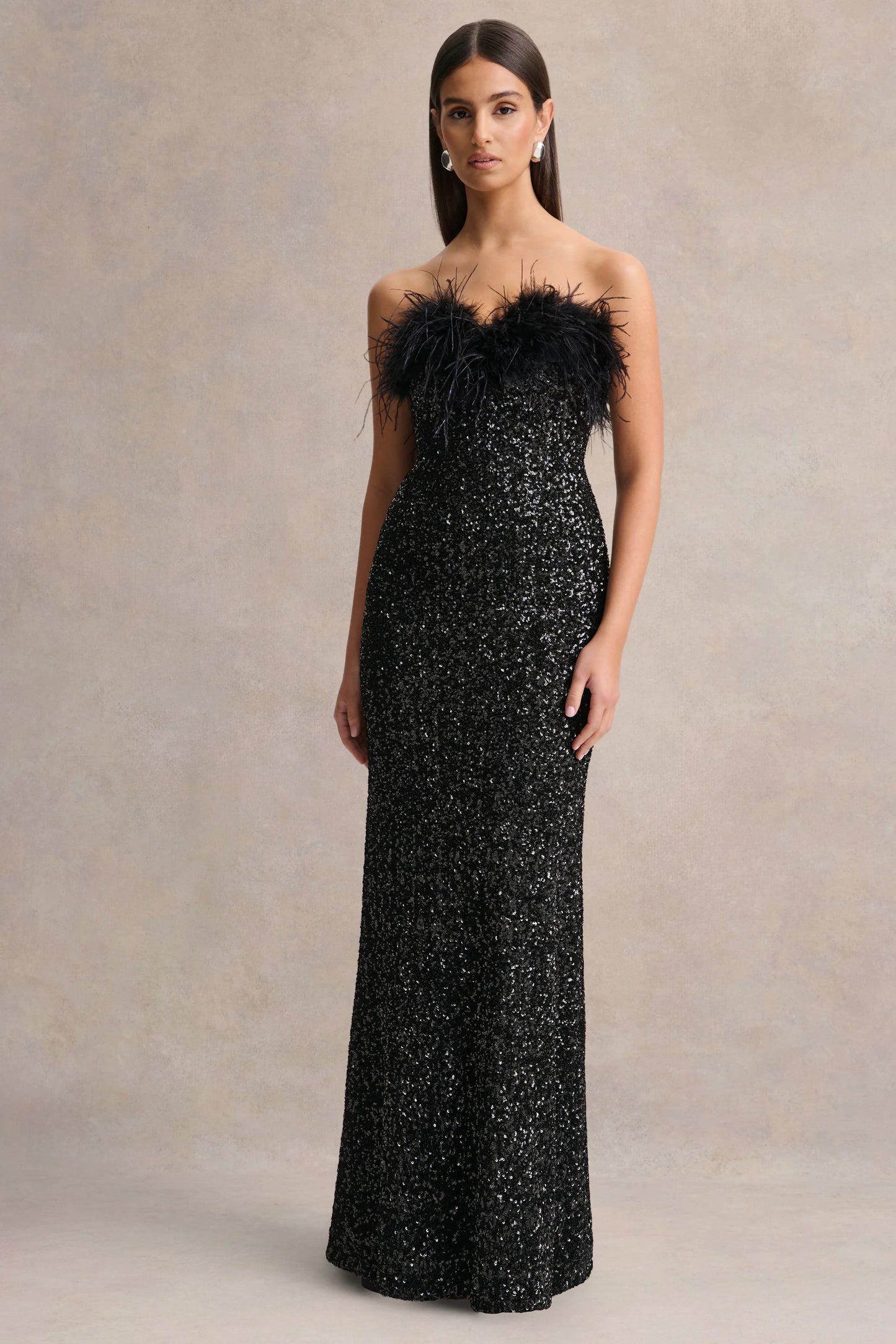 Daze Black Sequin Bandeau Maxi Dress With Feather-Trim