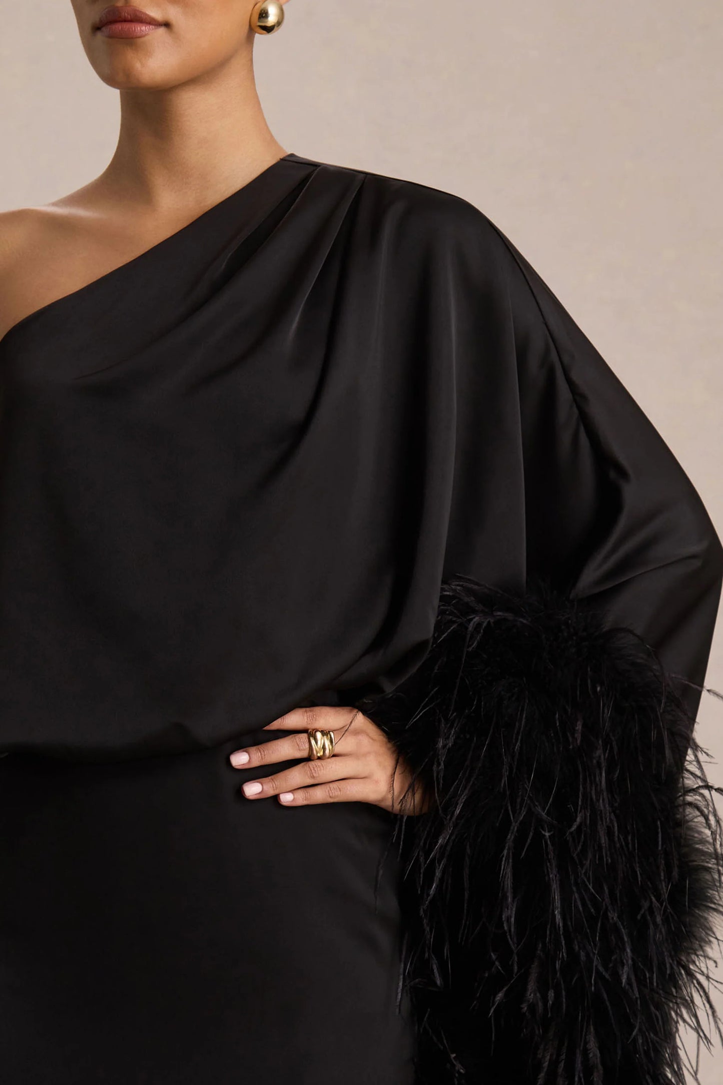 Felicity Black Satin Asymmetric-Neck Maxi Dress With Feather Detailing