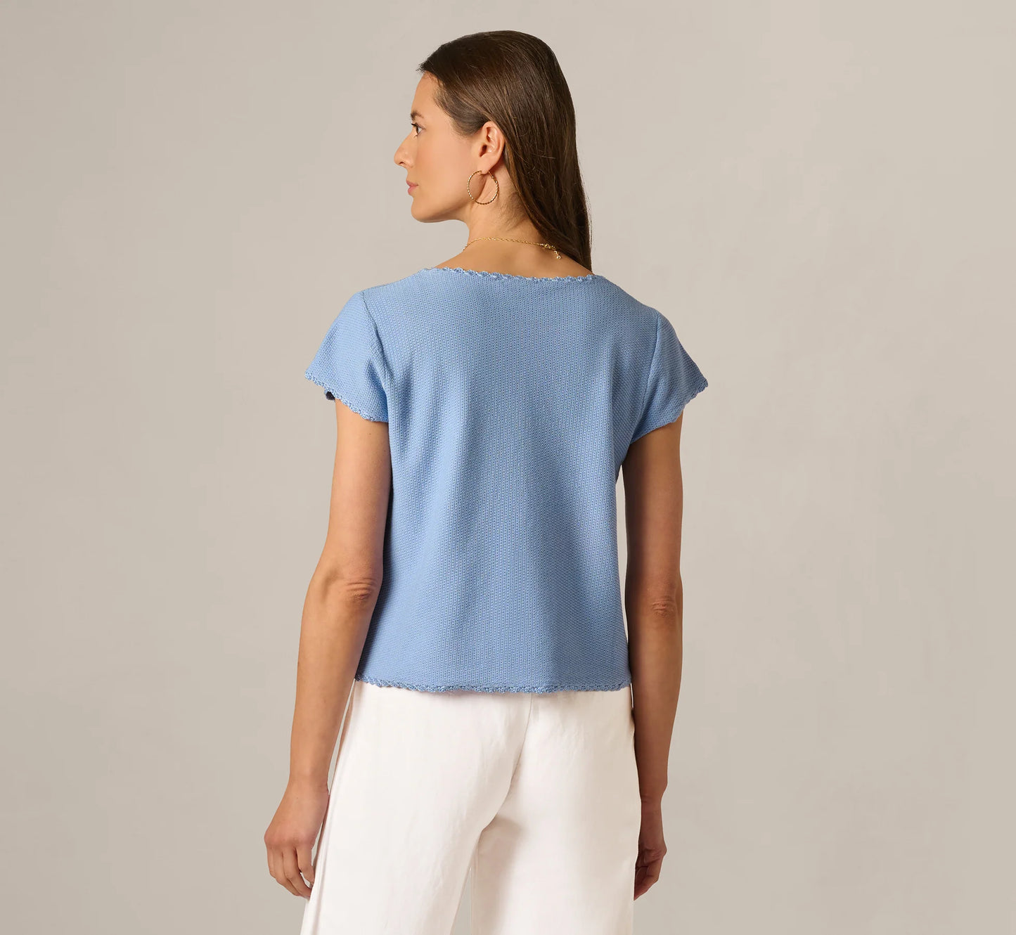 Cap Sleeve Crochet Scallop Sweater Top In Classic Blue