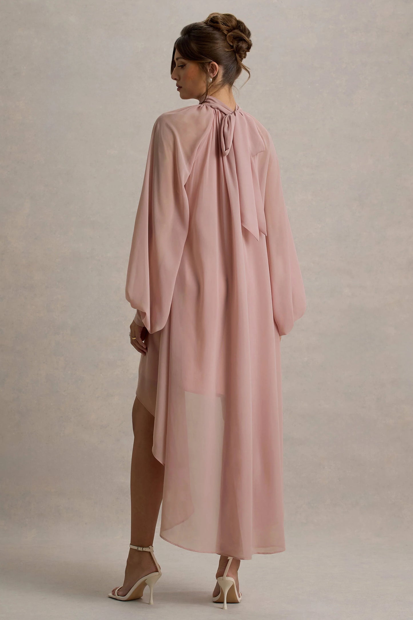 Delphia Pale Pink High-Neck Maxi Dress With High-Low Hem