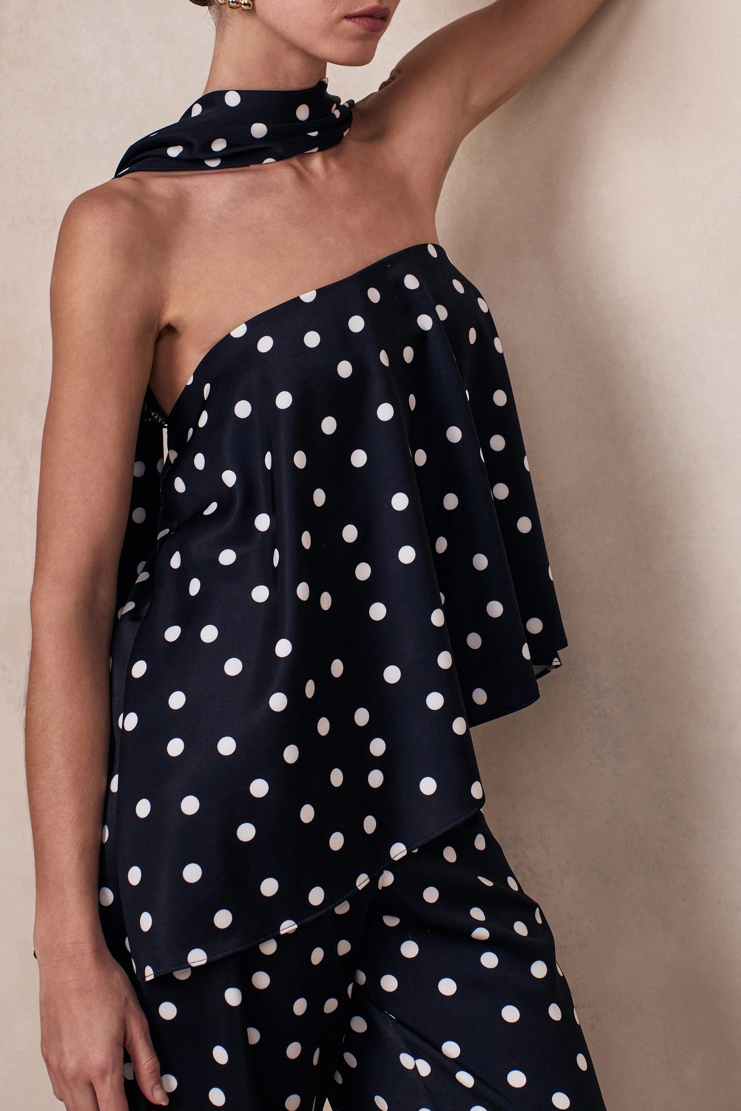 Evandra Black & White Satin Polka Dot Bandeau Top With Scarf