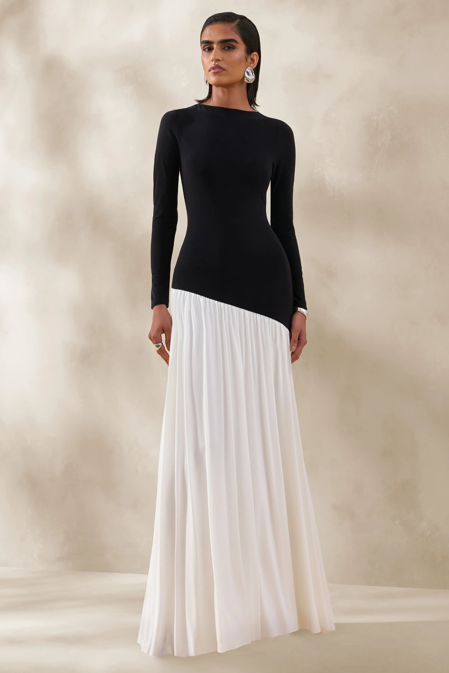 Jasira Black & White Crew-Neck Maxi Dress With Asymmetric Drop-Waist