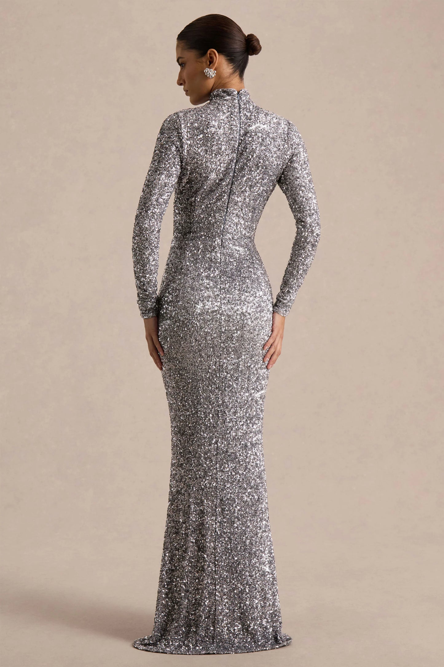 Galaxy Silver Sequin Turtle-Neck Long-Sleeve Maxi Dress