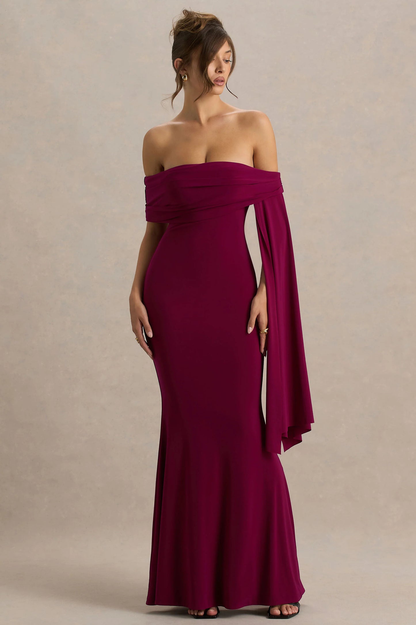 Saffina Burgundy Bardot-Neck Maxi Dress With Sash Detail