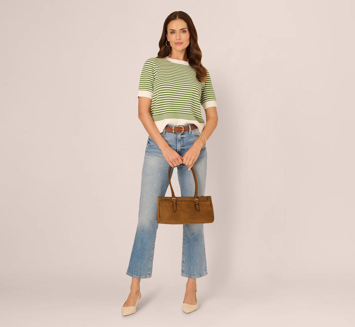 Short Sleeve Scalloped Stripe Pullover Sweater In Ivory Foliage