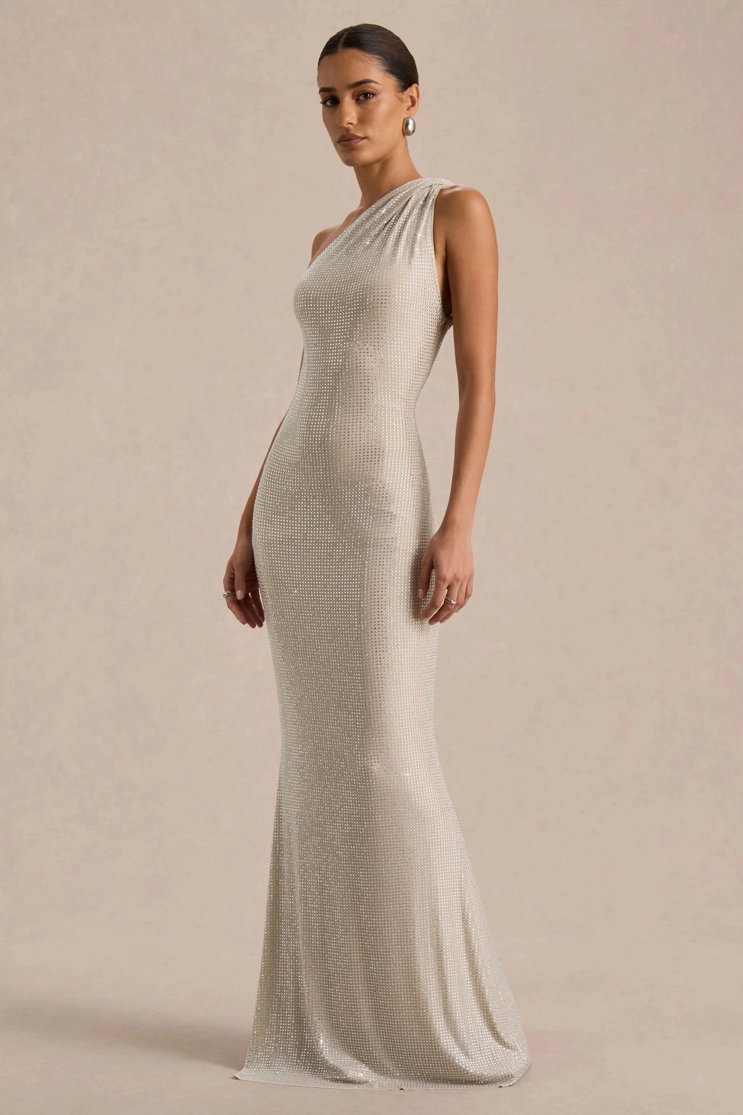 Deity Silver Asymmetric-Neck Maxi Dress With Open-Back