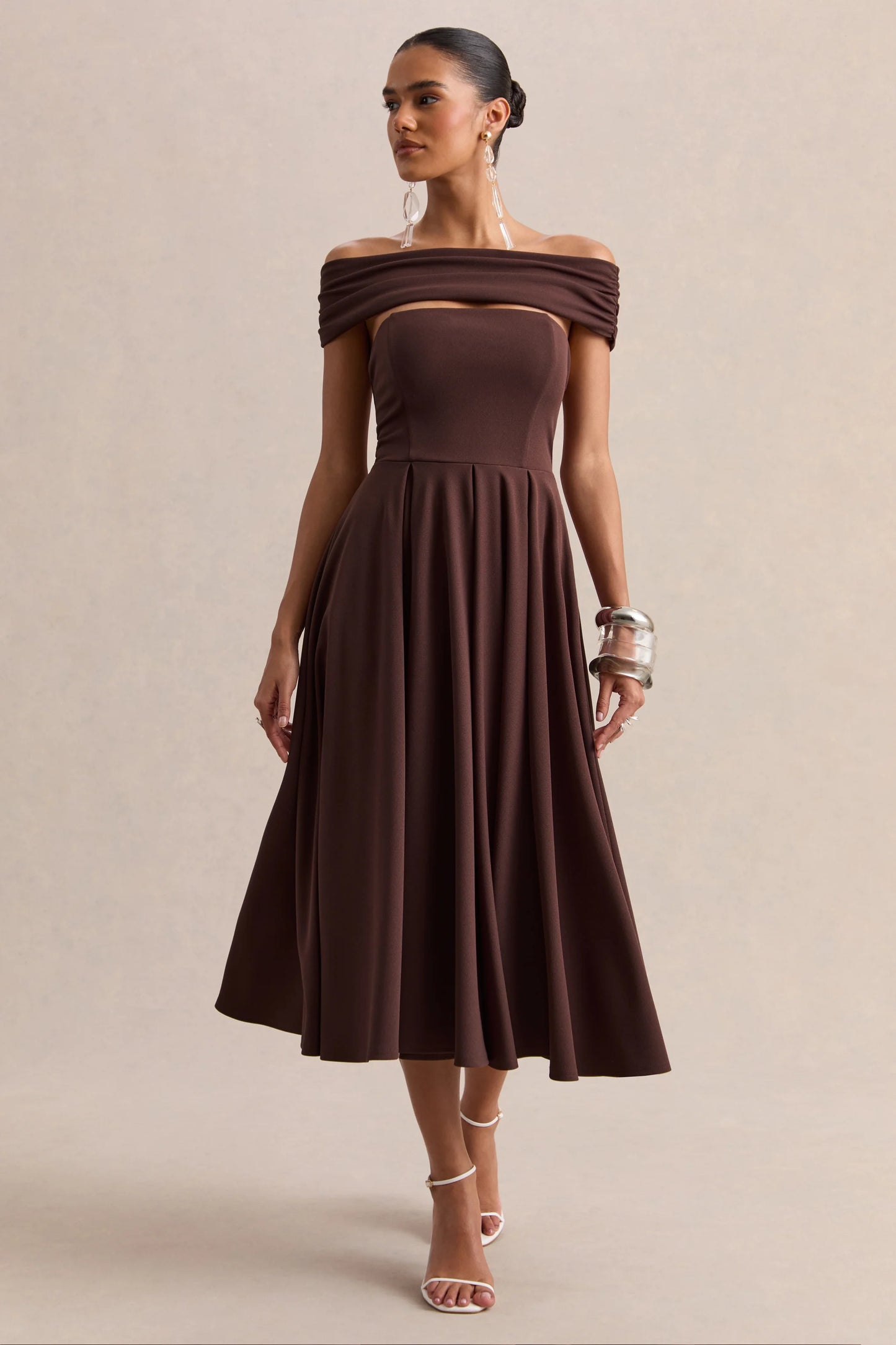 Mavina Brown Bardot-Neck Midi Dress