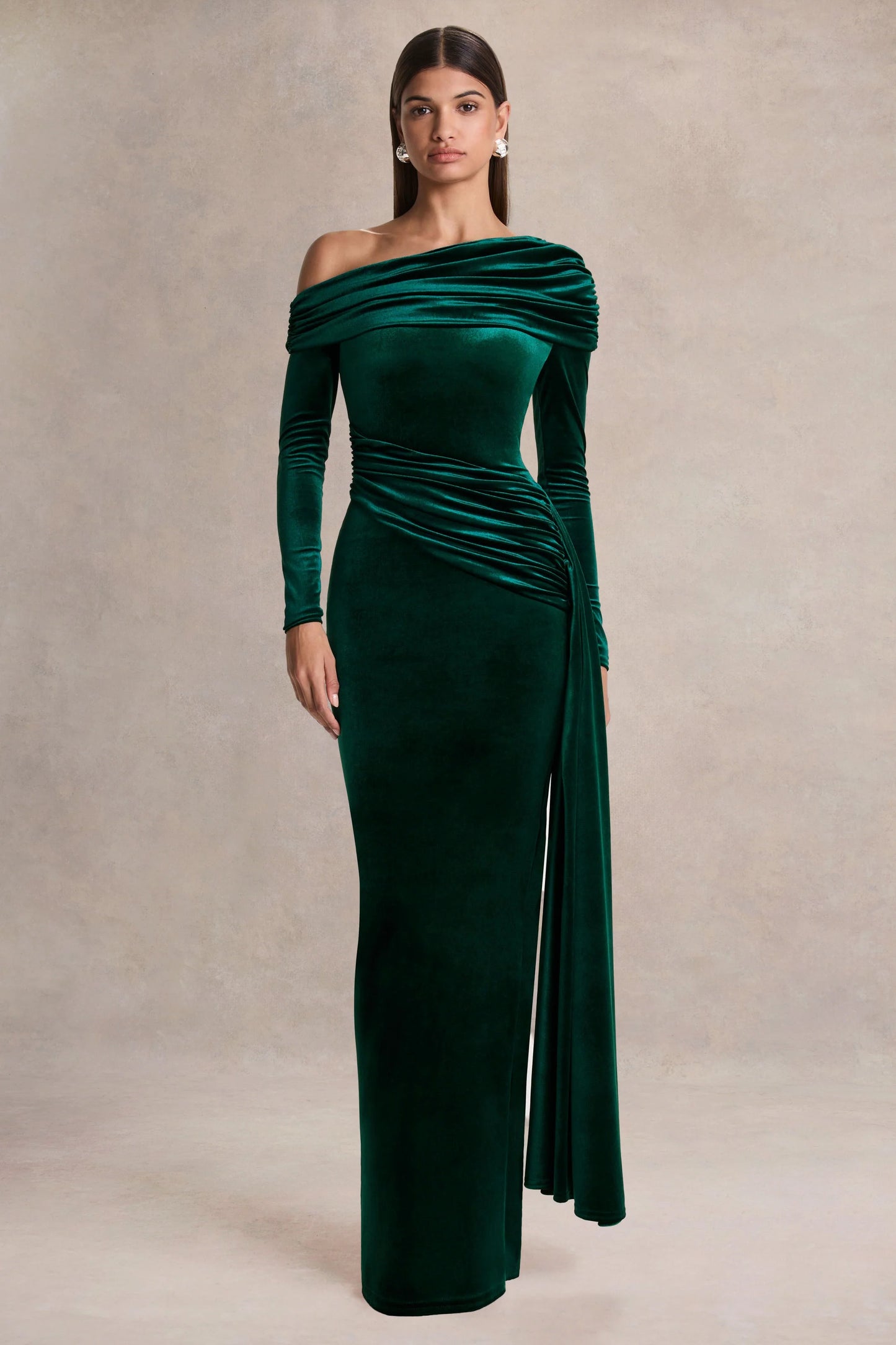 Hadria Bottle Green Velvet Asymmetric-Neck Maxi Dress With Sash-Detail